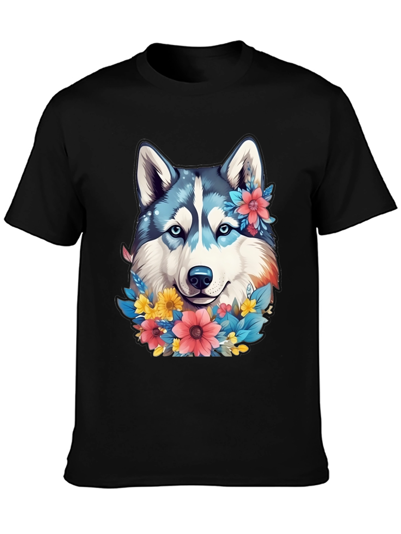 Floral Husky Graphic Tee - Unisex Black T-Shirt