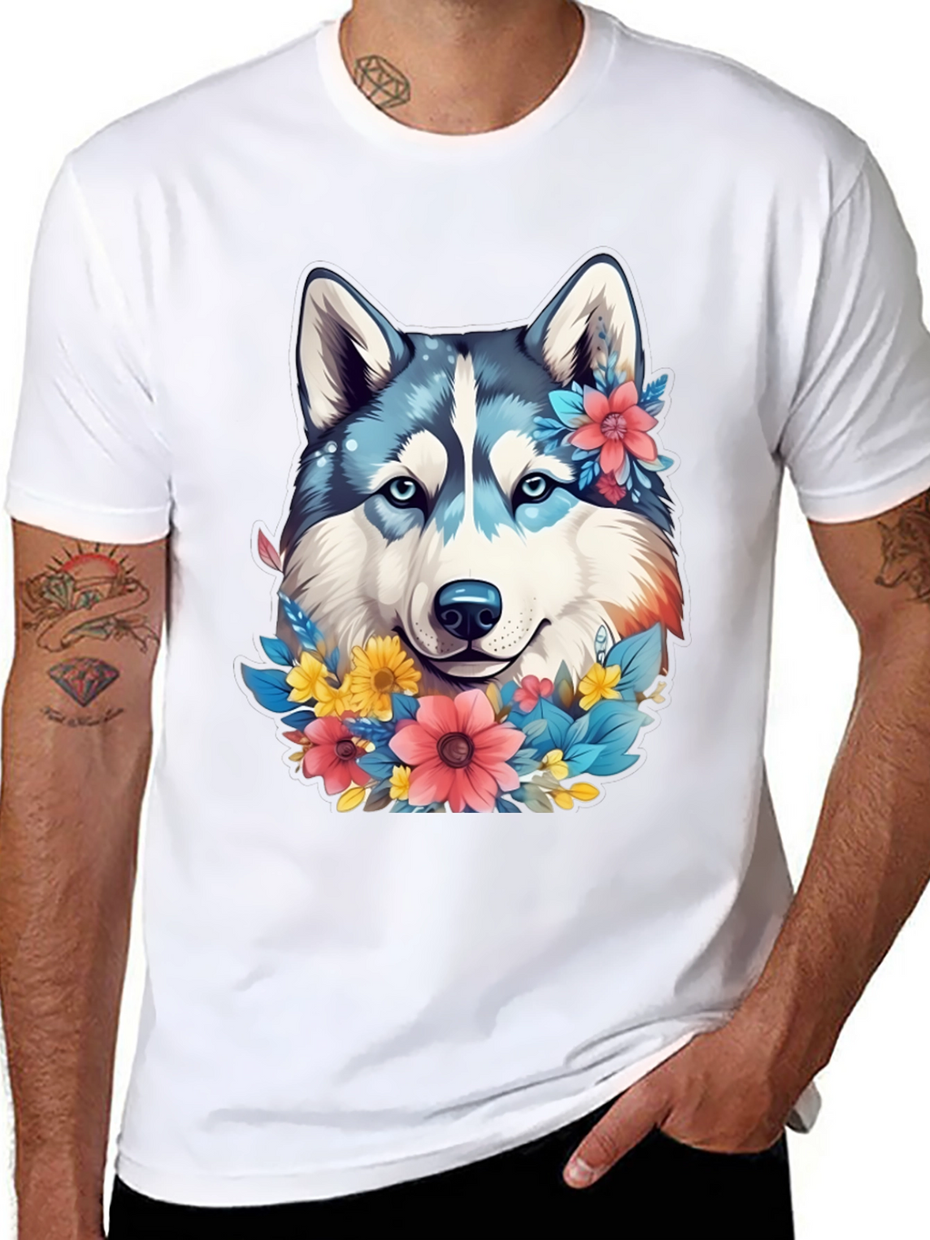 Floral Husky Graphic Tee - Unisex Black T-Shirt