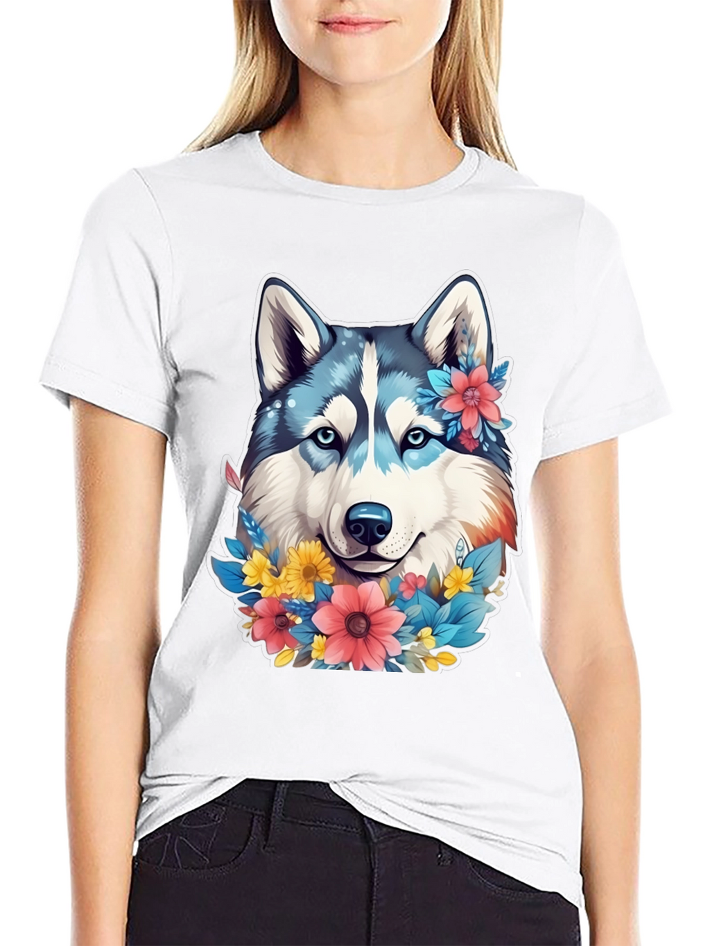 Floral Husky Graphic Tee - Unisex Black T-Shirt