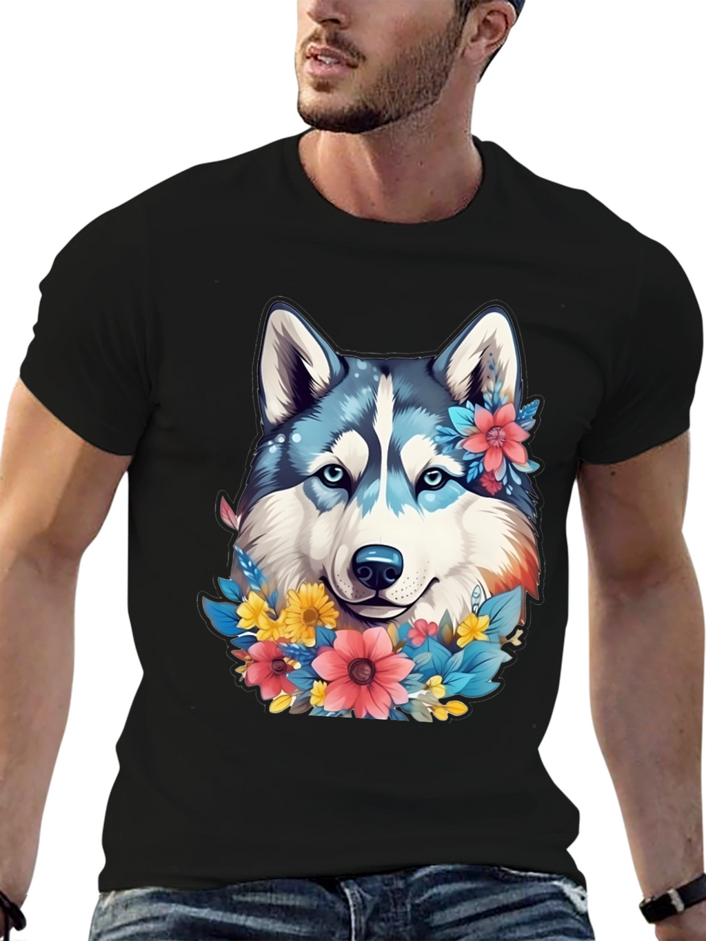 Floral Husky Graphic Tee - Unisex Black T-Shirt