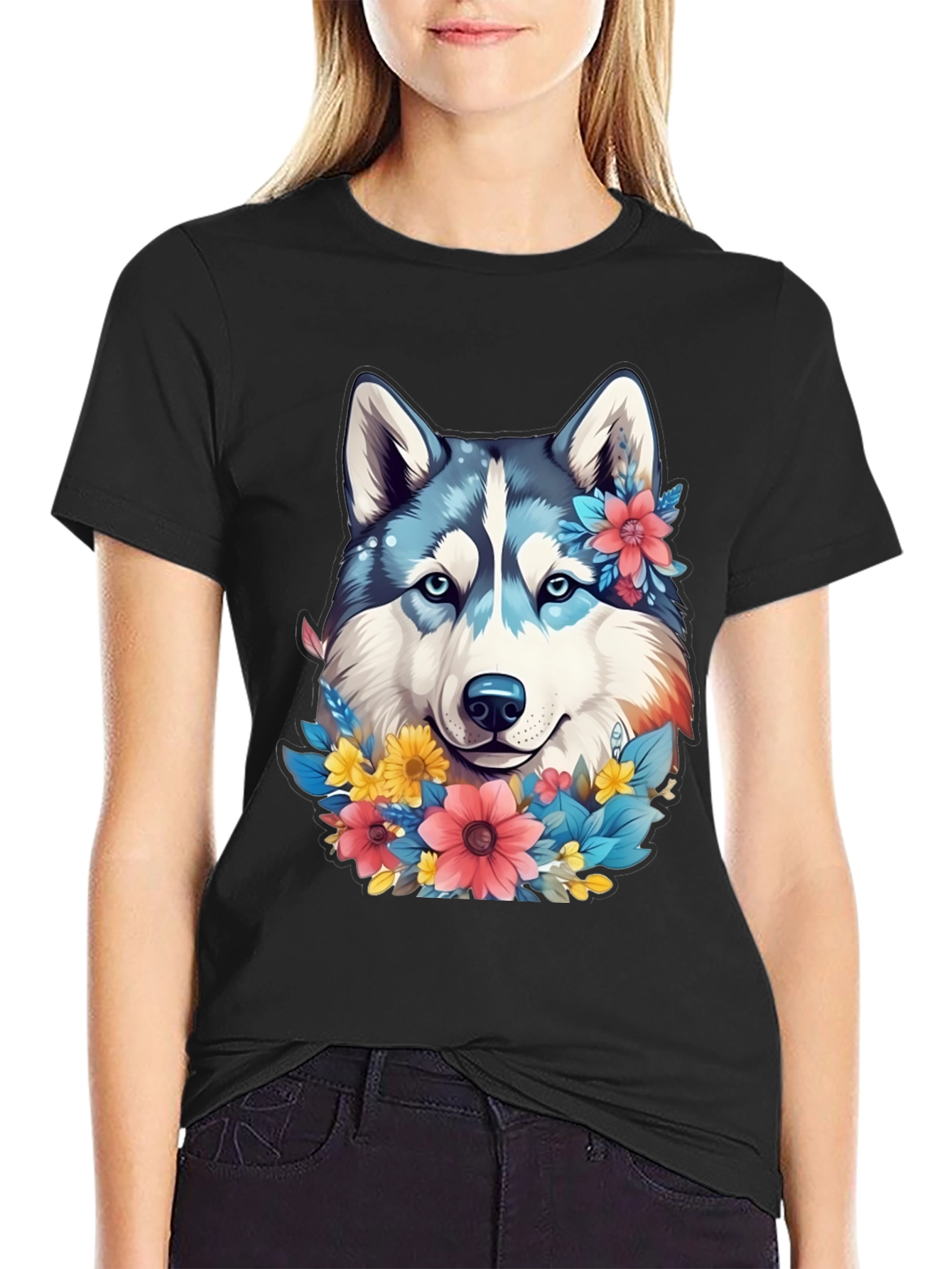 Floral Husky Graphic Tee - Unisex Black T-Shirt
