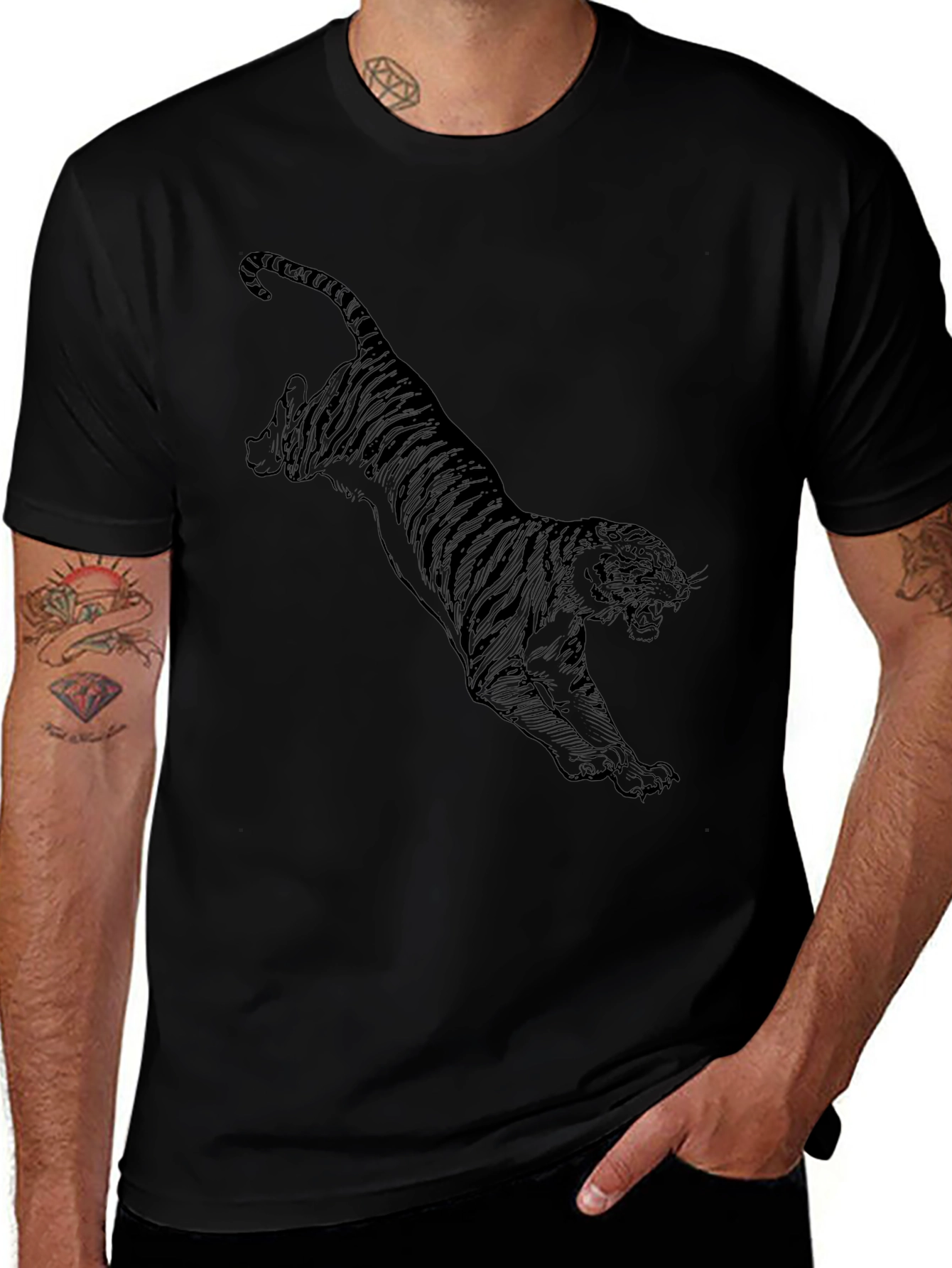 Black Tiger Graphic T-Shirt - Mens Short Sleeve Crew Neck Tee