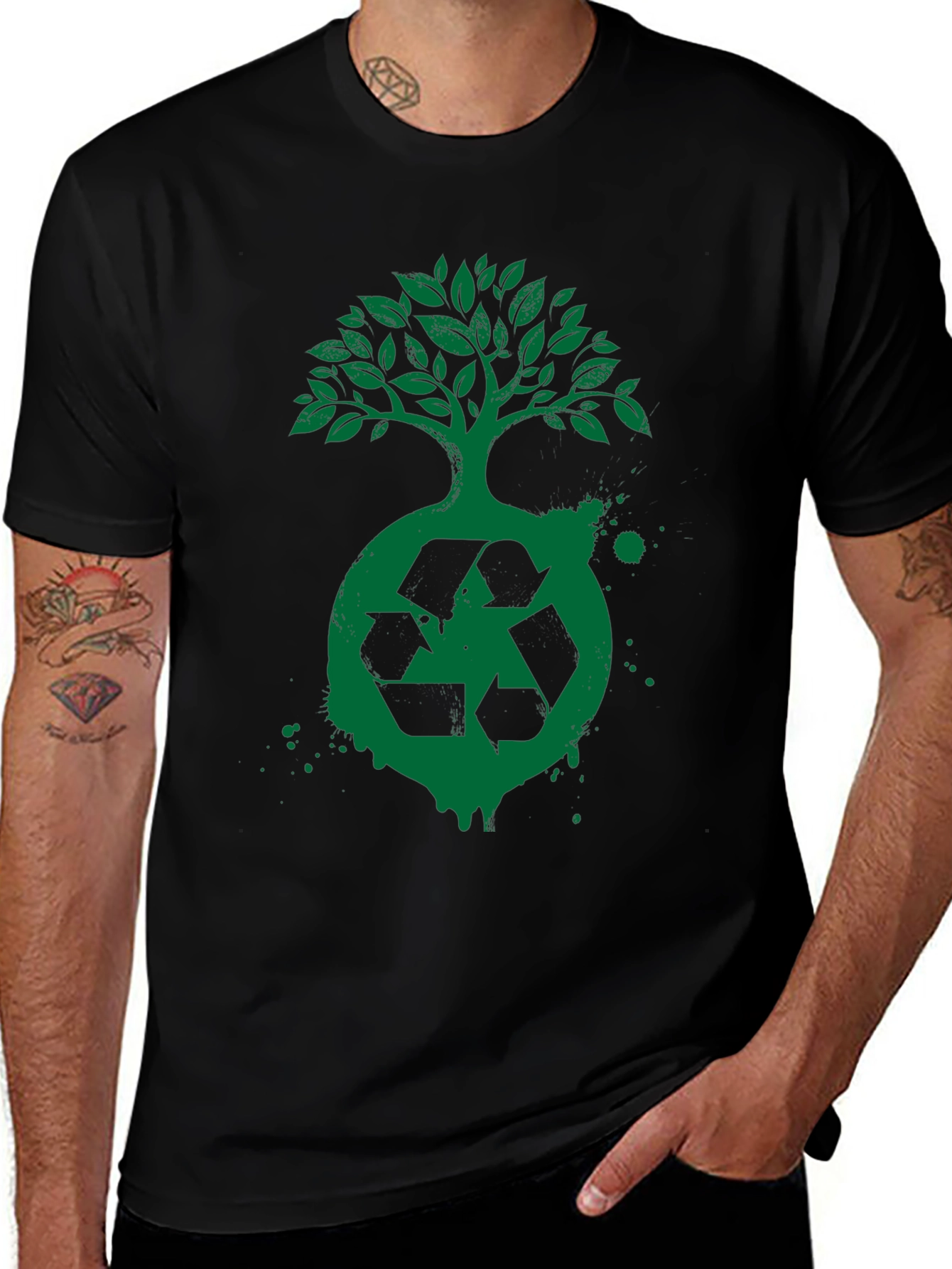 Eco Tree Recycle Logo T-Shirt - Green Print on Black
