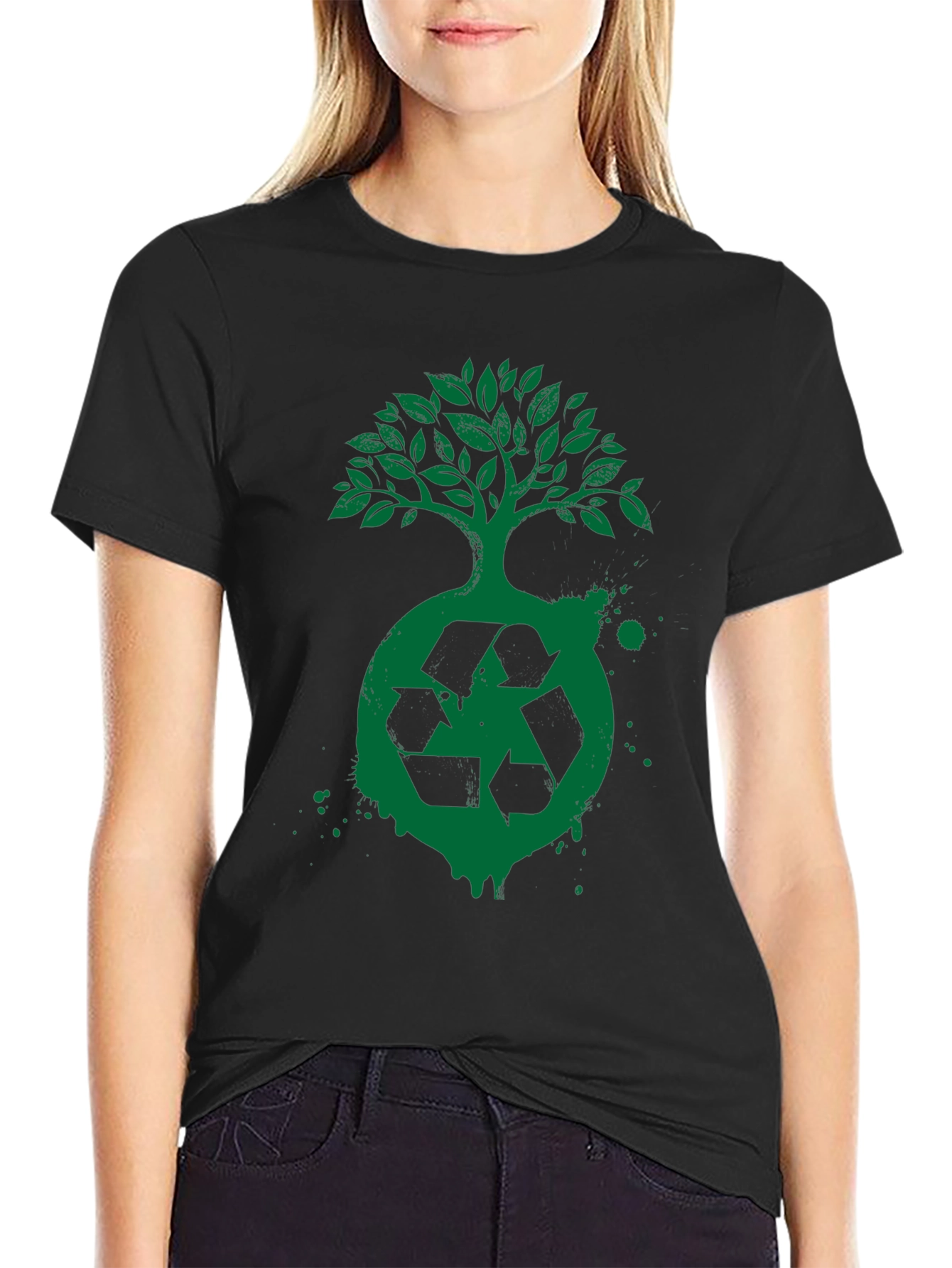Eco Tree Recycle Logo T-Shirt - Green Print on Black