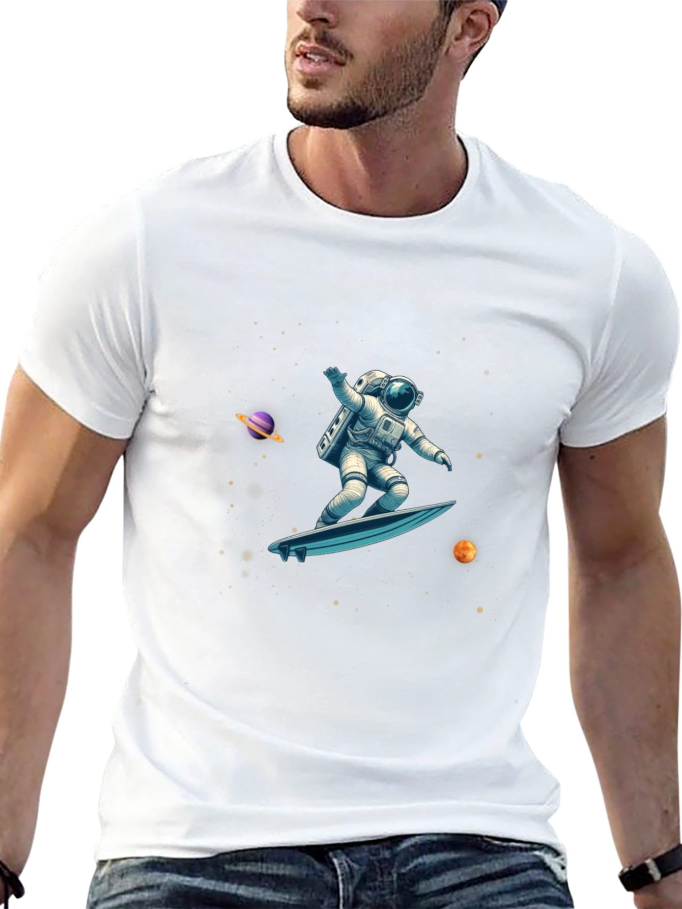 Astronaut Space Surfer Graphic Tee - Black Cotton