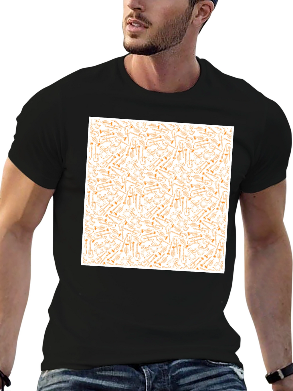 Musical Instrument Patterned Black T-Shirt