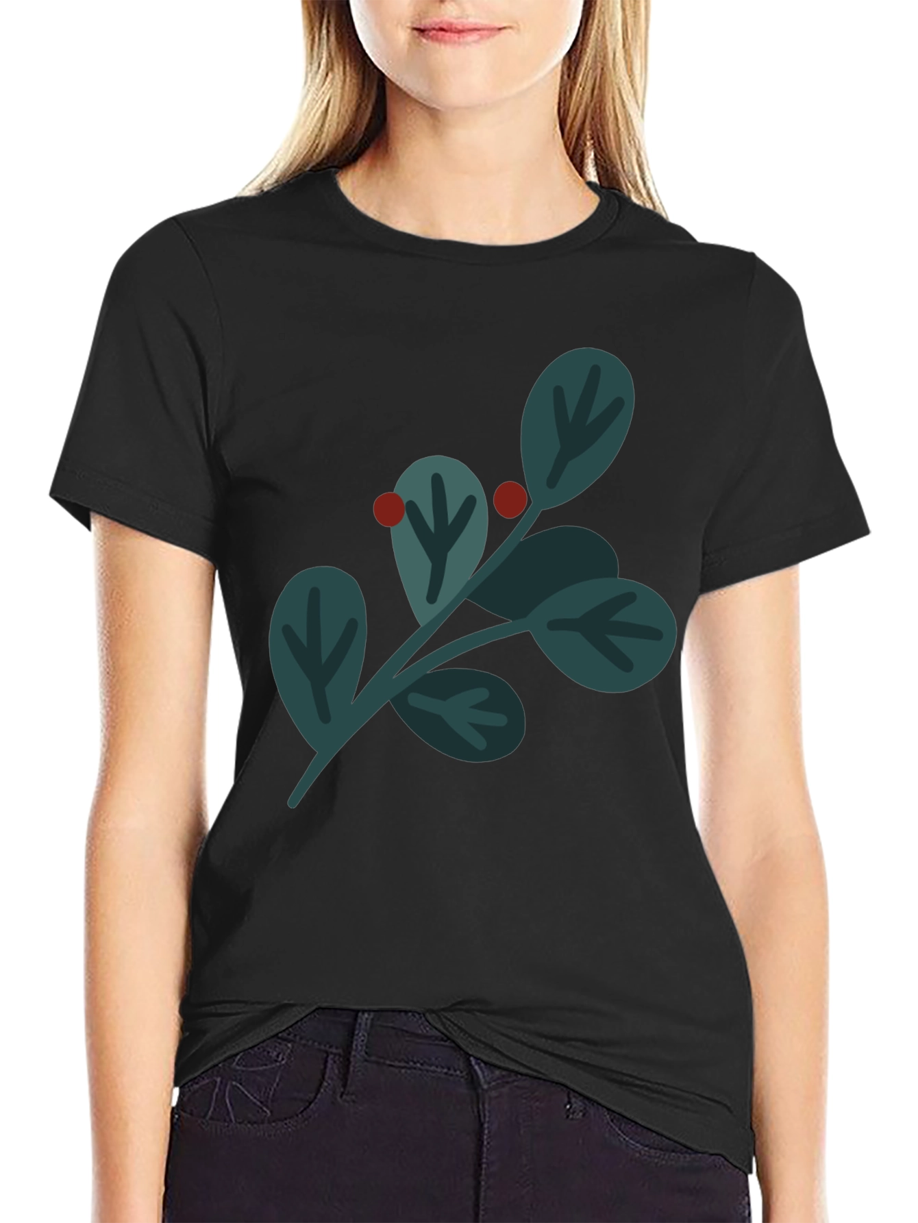 Festive Holly Berry Graphic Tee - Black