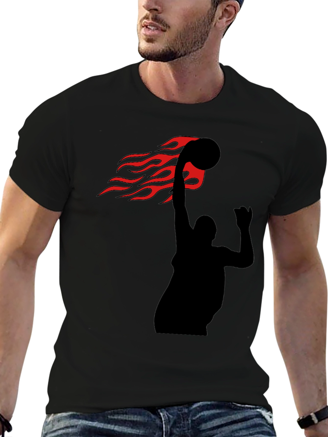 Flaming Basketball Slam Dunk Black T-Shirt