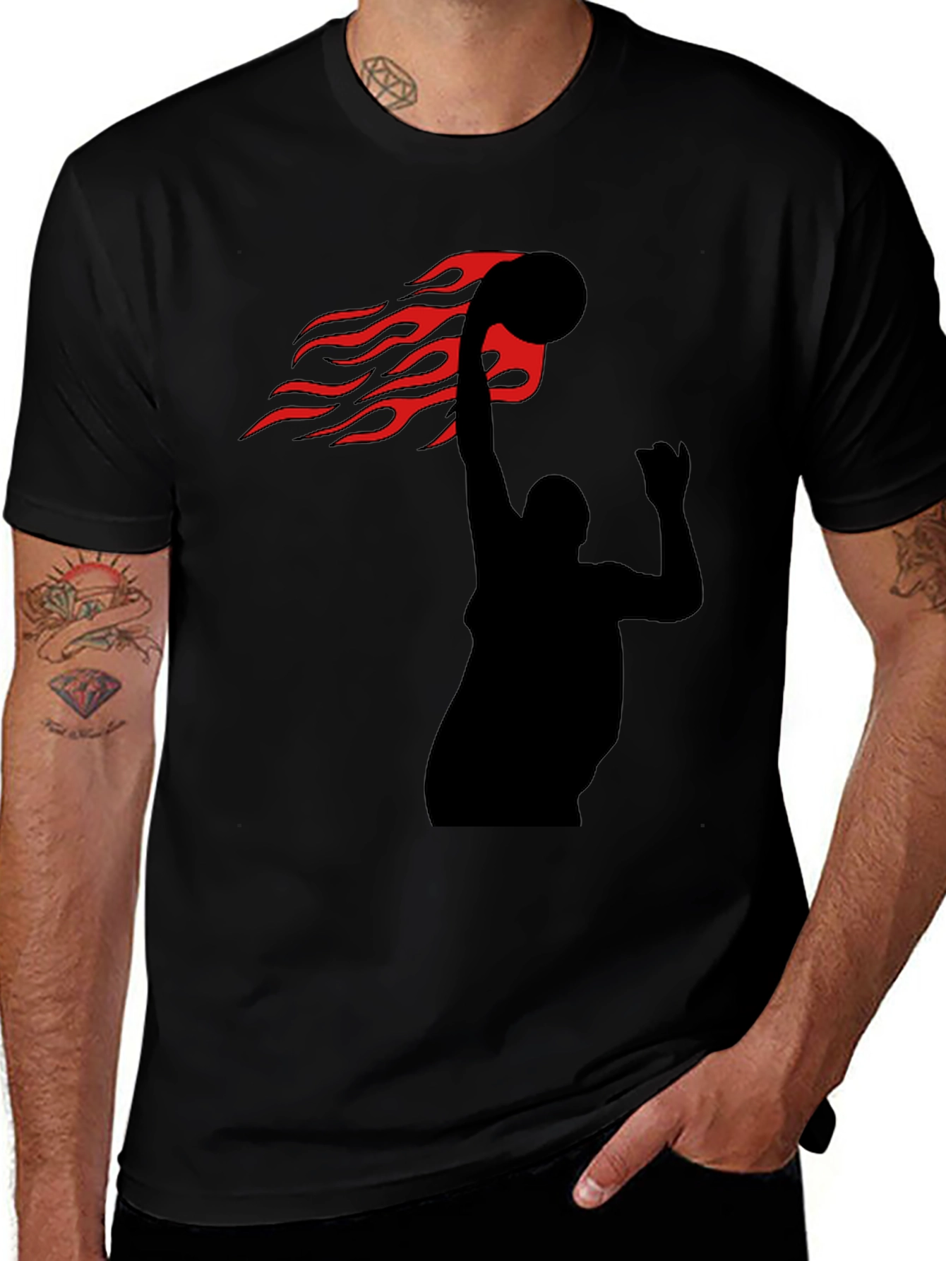 Flaming Basketball Slam Dunk Black T-Shirt