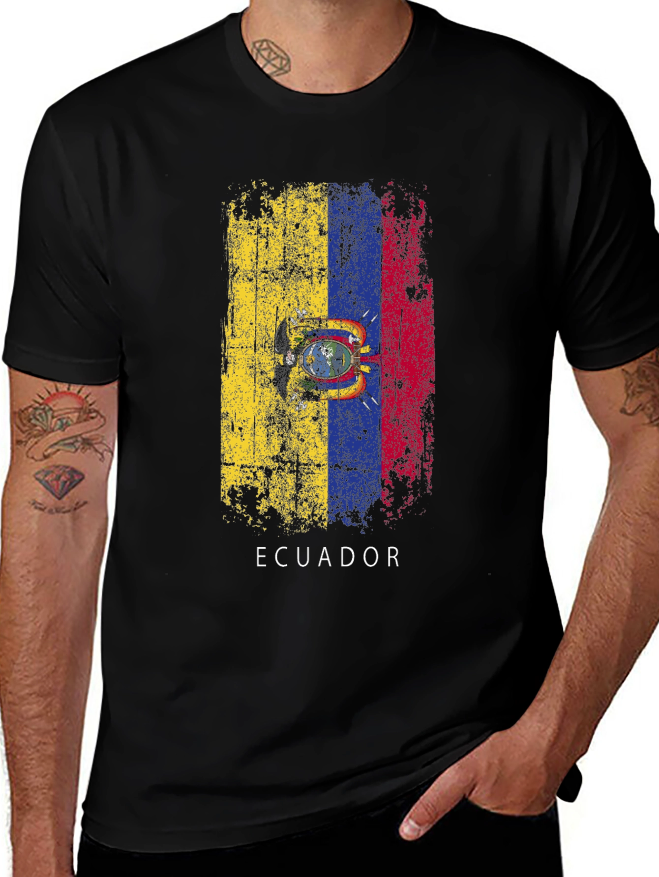 Ecuador Flag Graphic Tee - Distressed Print Black T-Shirt