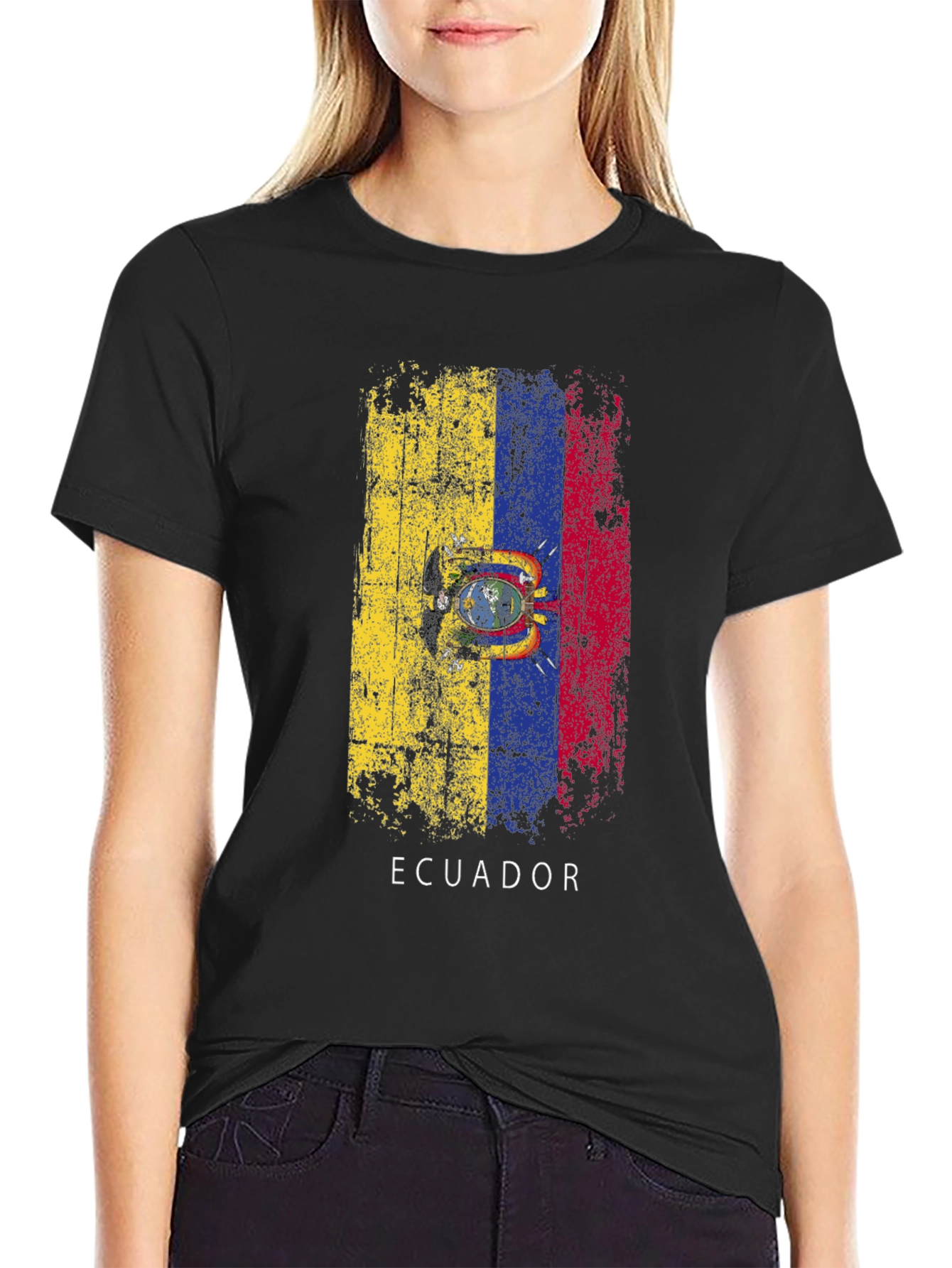 Ecuador Flag Graphic Tee - Distressed Print Black T-Shirt