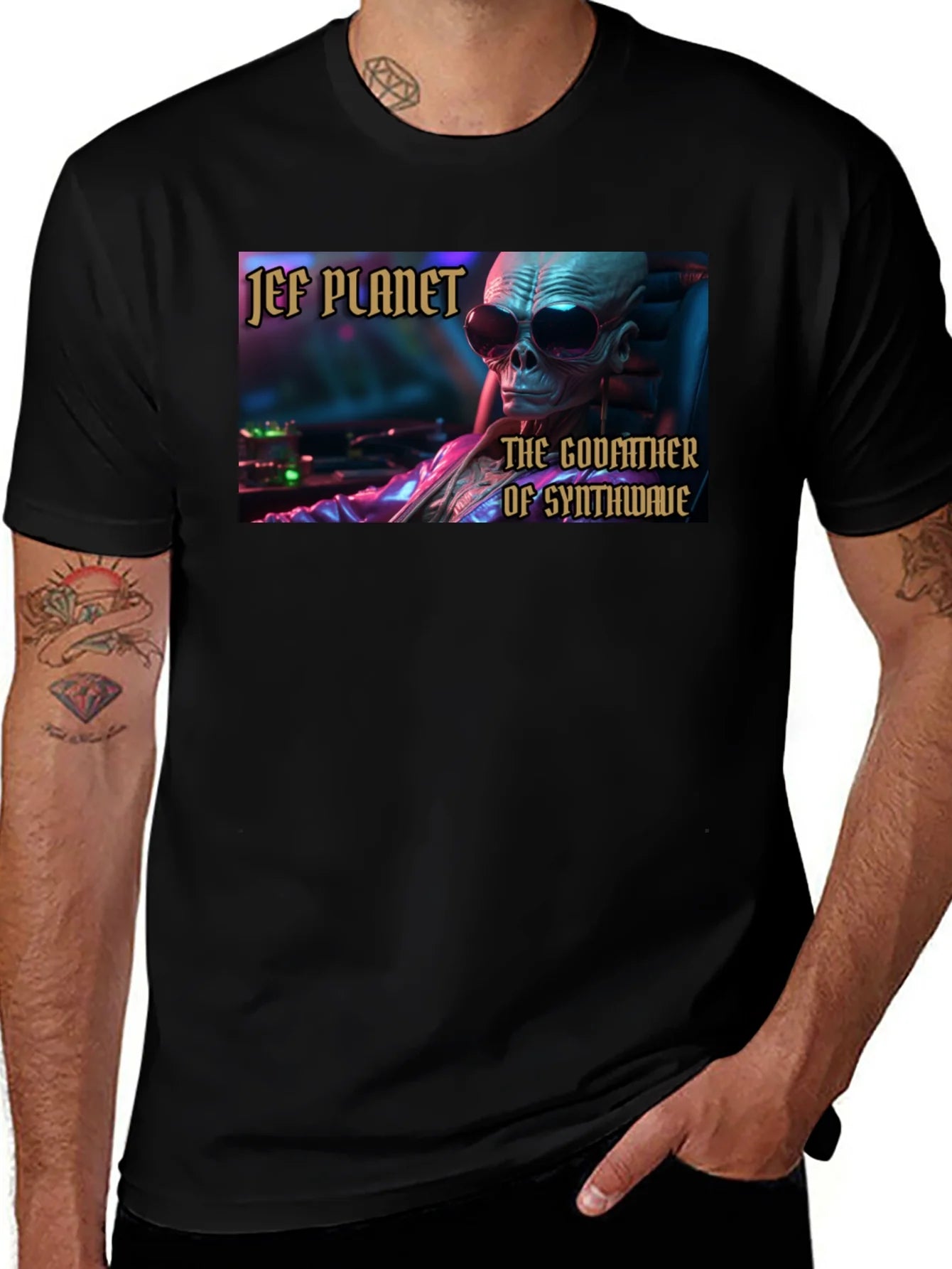 Jef Planet Godfather of Synthwave Black T-Shirt