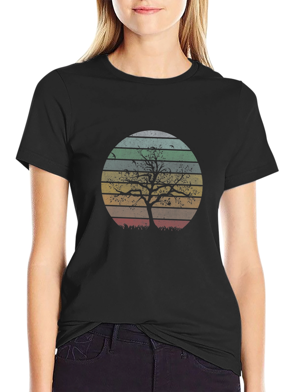 Retro Sunset Tree Graphic Tee - Black Cotton Blend