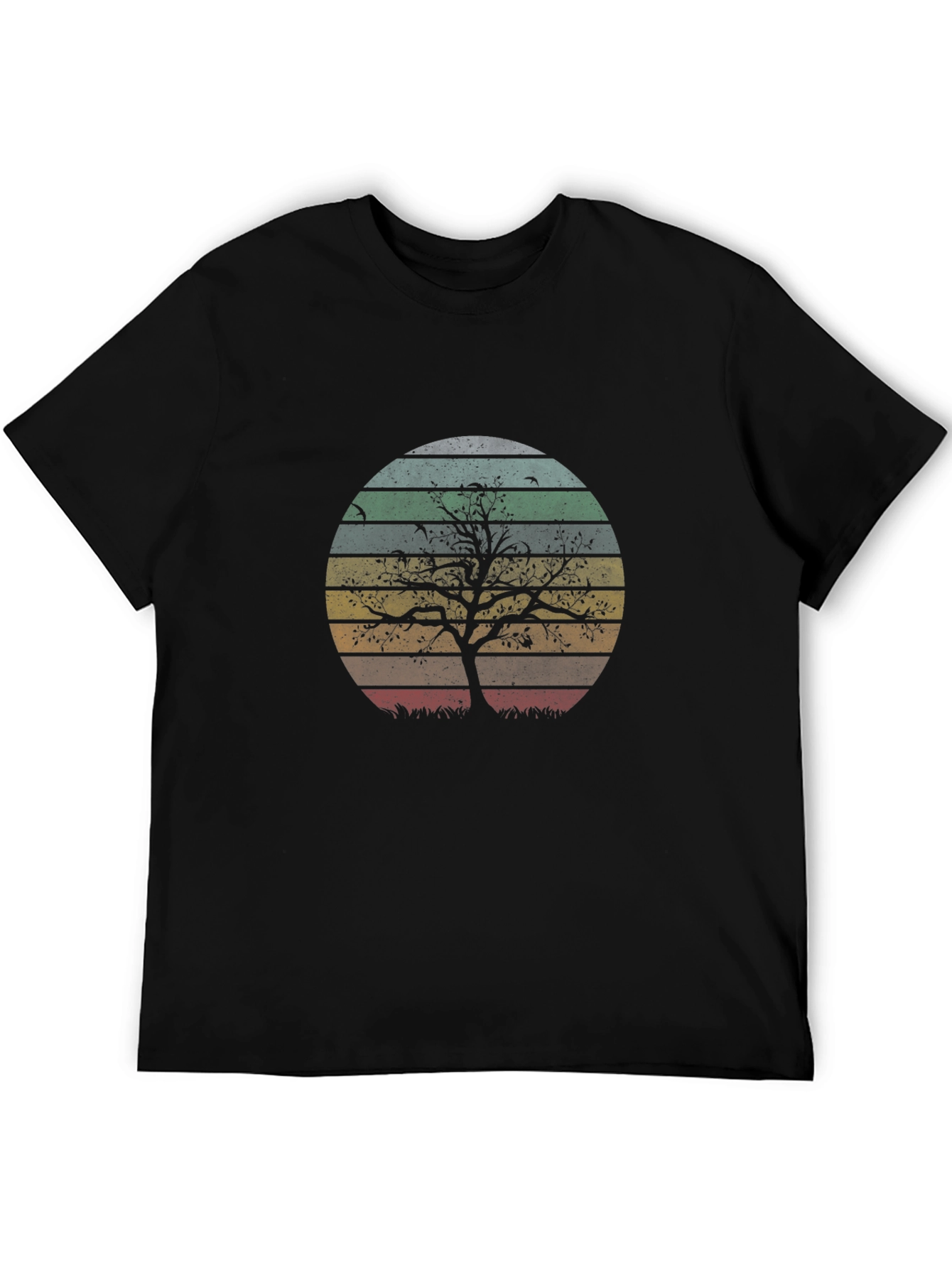 Retro Sunset Tree Graphic Tee - Black Cotton Blend