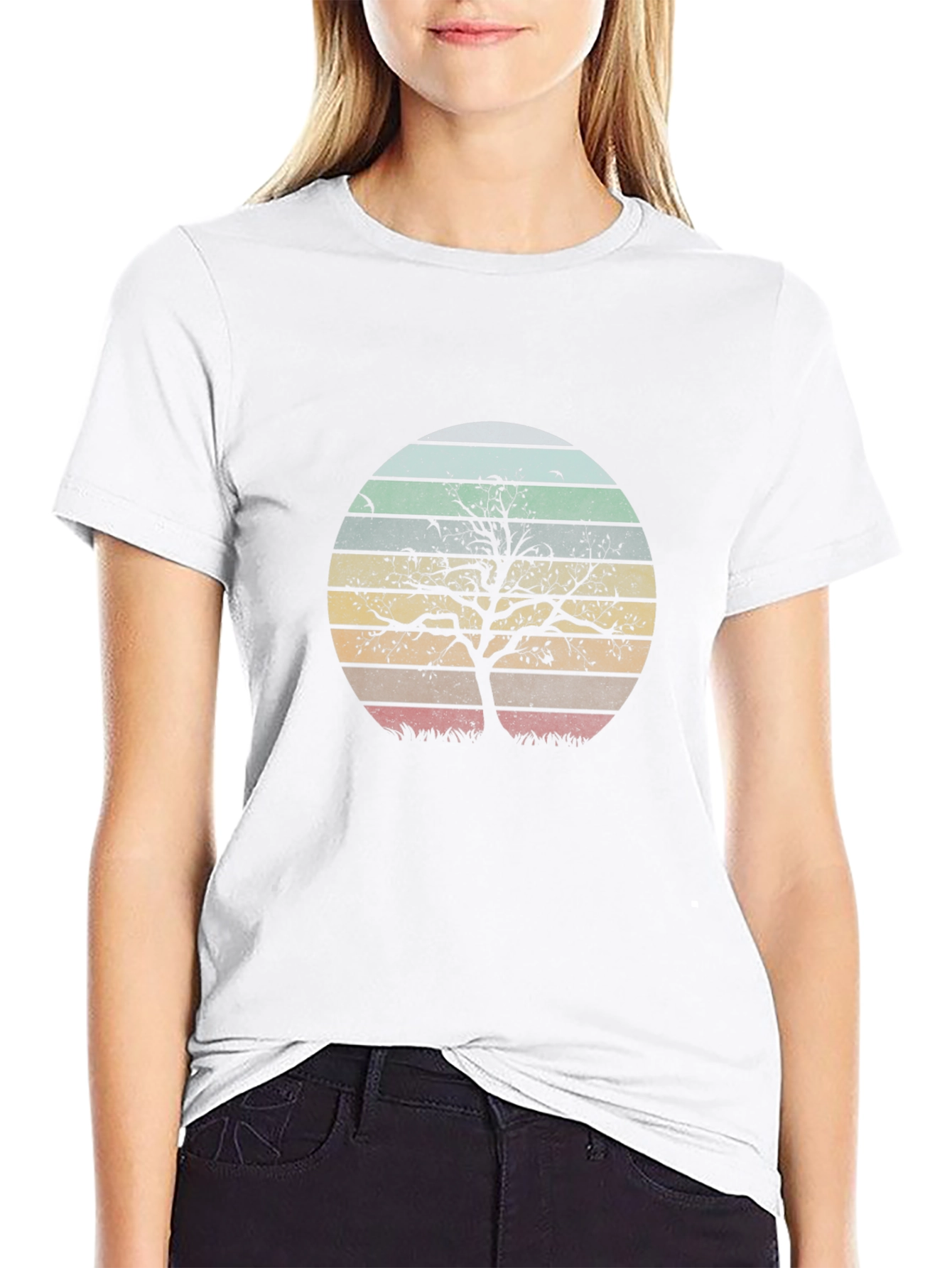 Retro Sunset Tree Graphic Tee - Black Cotton Blend
