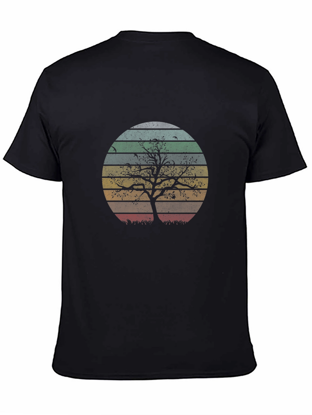 Retro Sunset Tree Graphic Tee - Black Cotton Blend