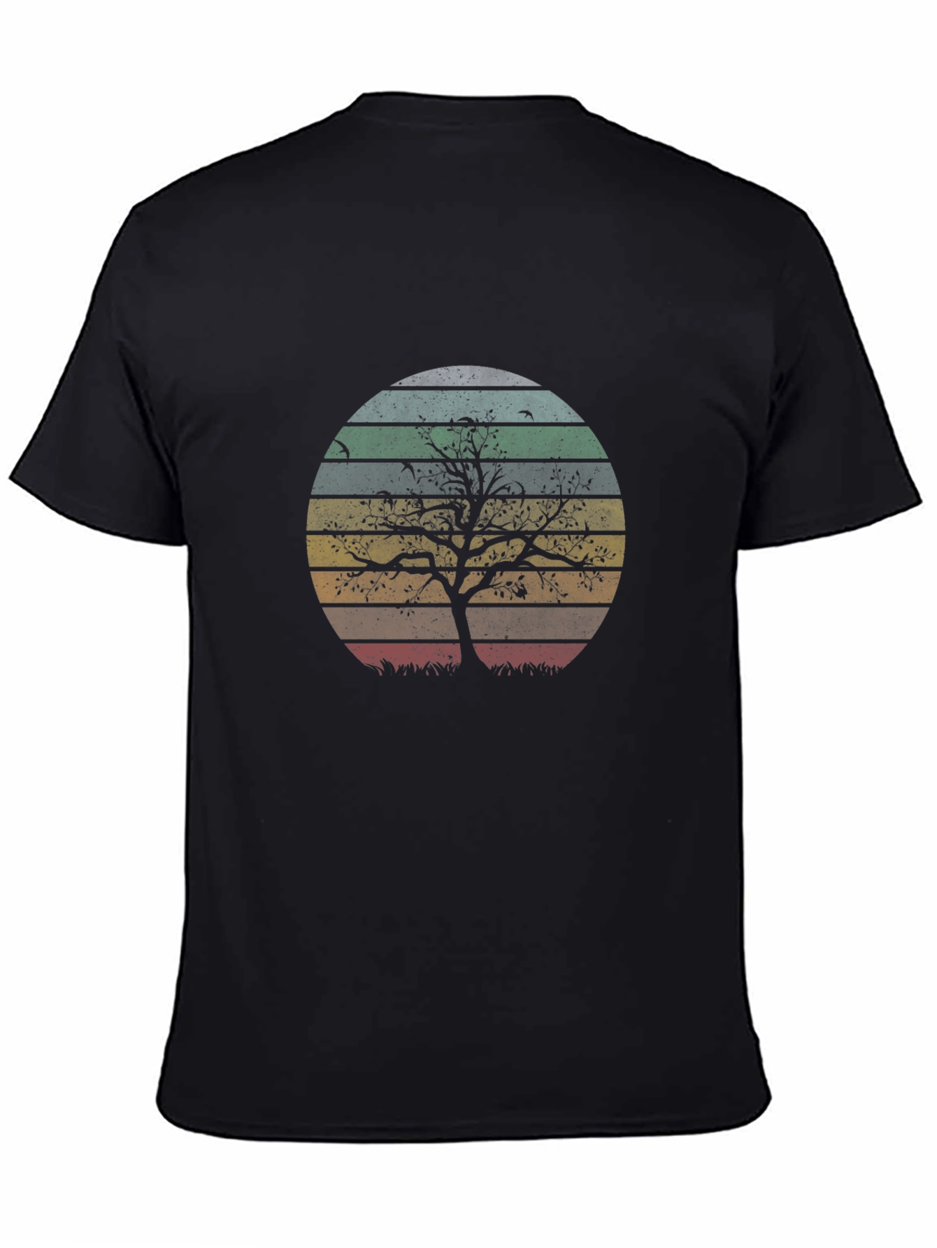 Retro Sunset Tree Graphic Tee - Black Cotton Blend