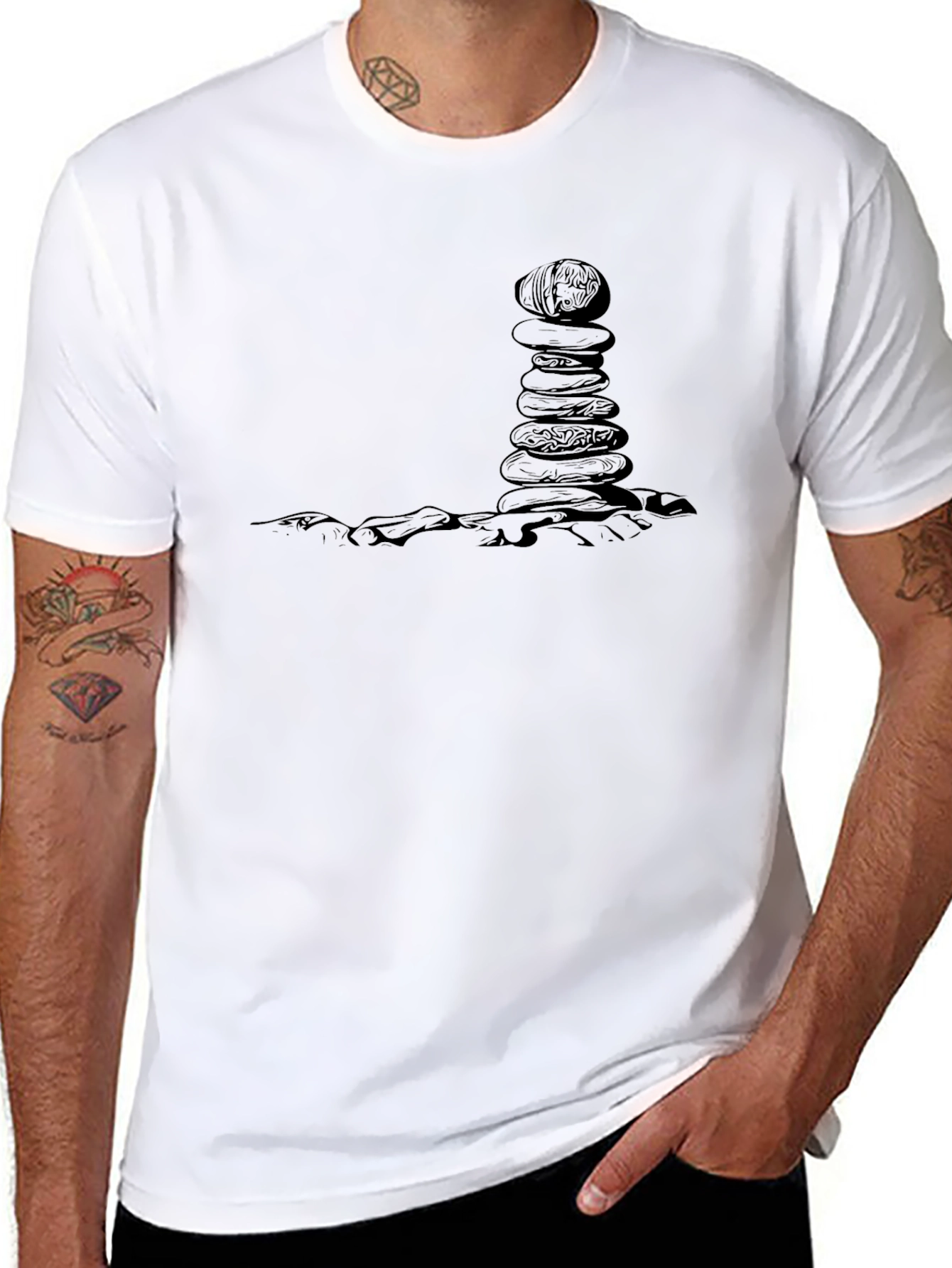Mens Black T-Shirt with Rock Balancing Design