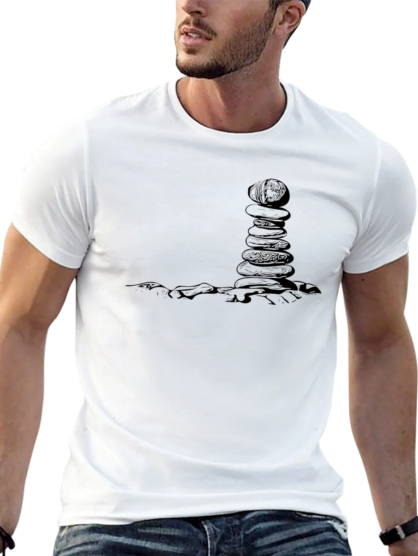 Mens Black T-Shirt with Rock Balancing Design
