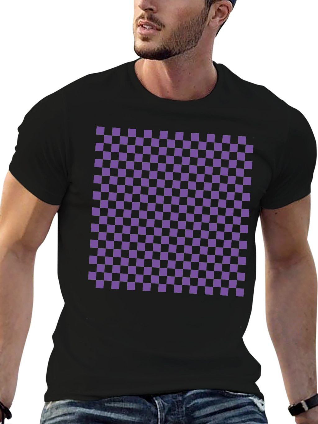Checkerboard Tee - Black with Purple Squares