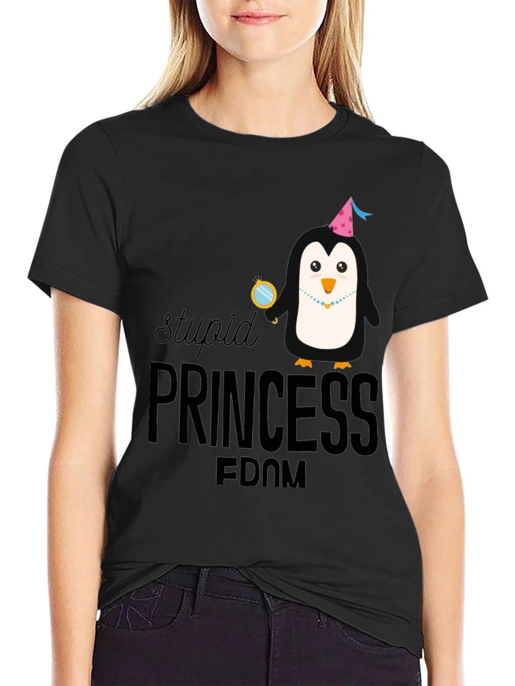 Stupid Princess Penguin T-Shirt - Black Cotton Tee