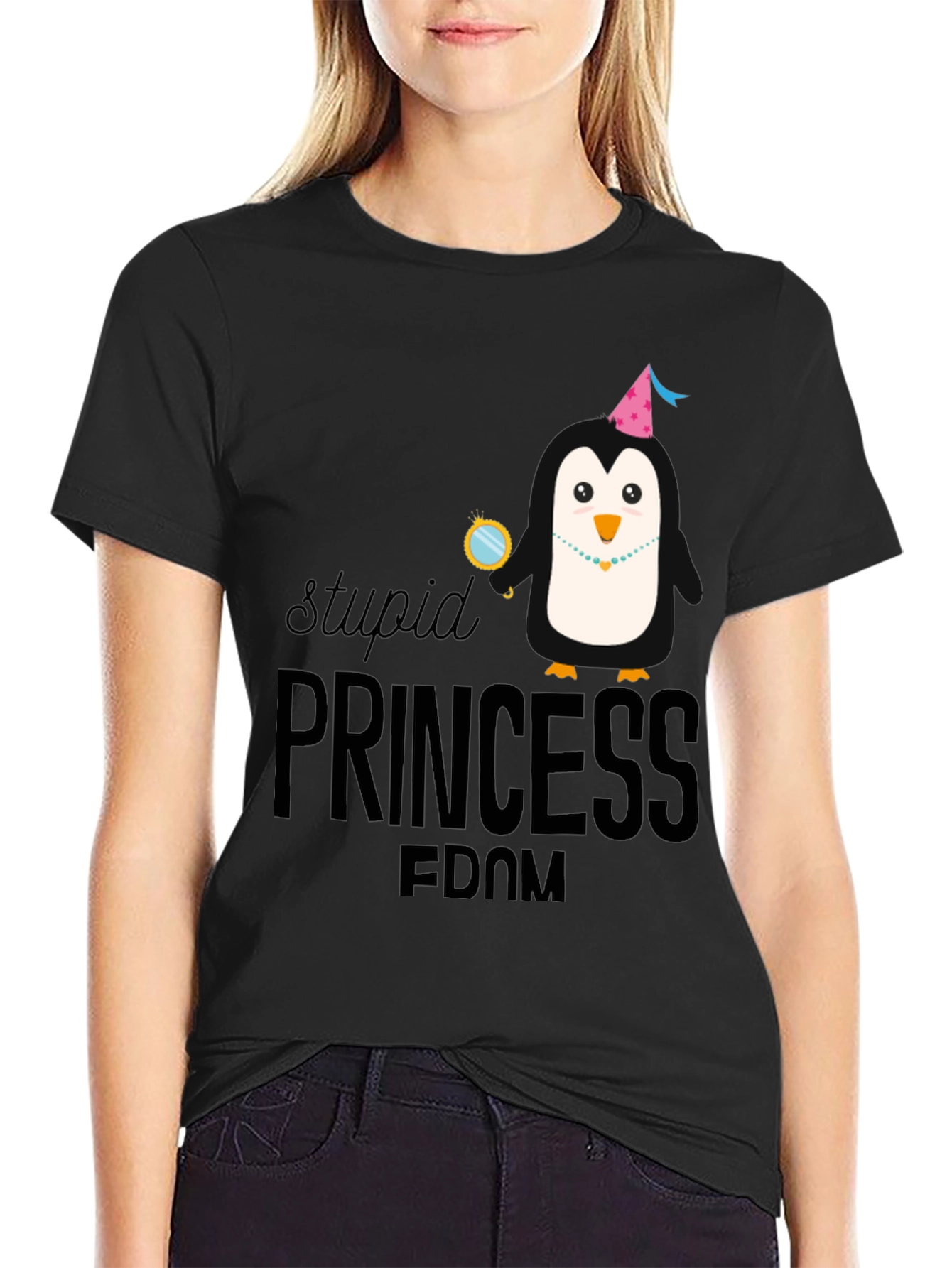 Stupid Princess Penguin T-Shirt - Black Cotton Tee