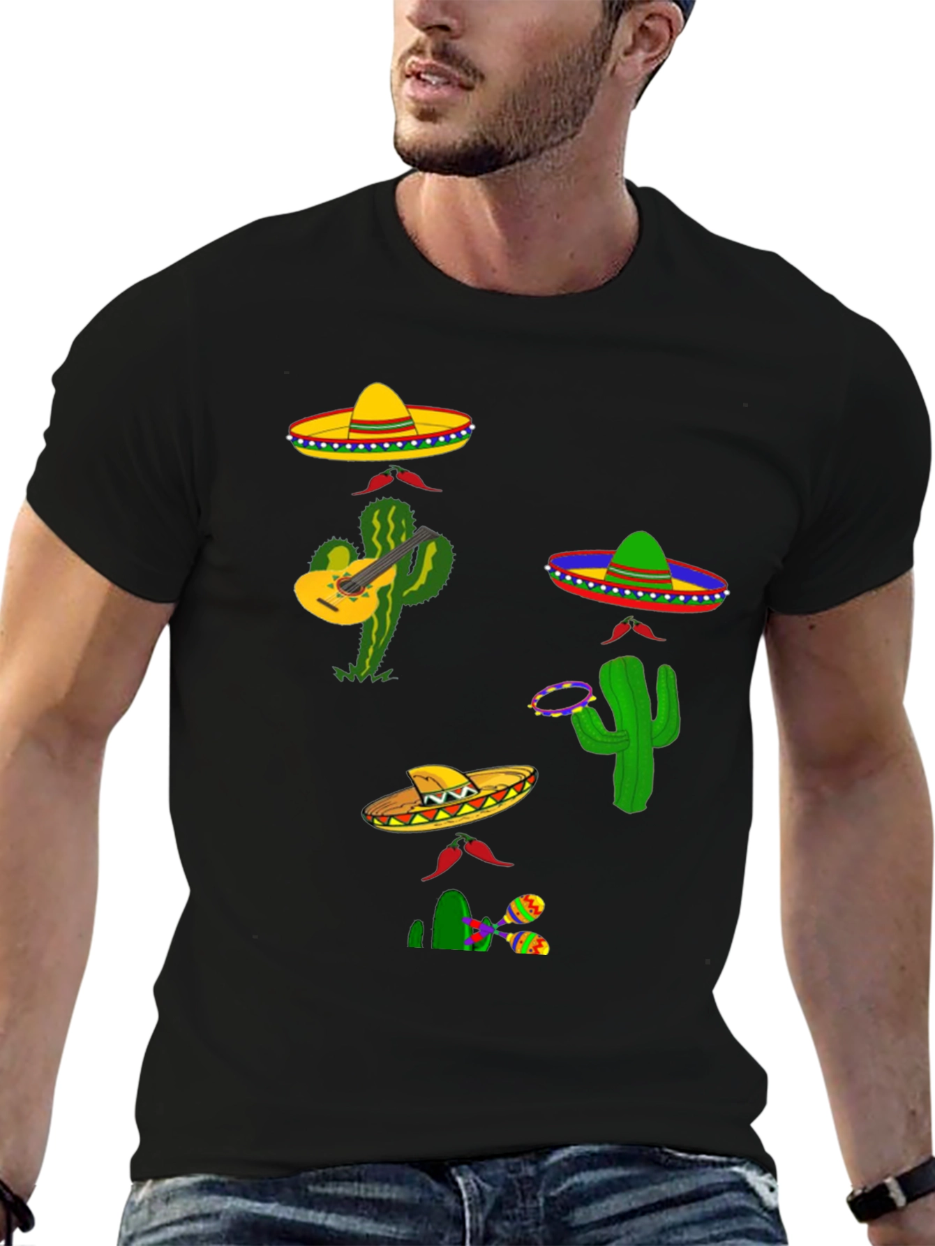 Festive Fiesta T-Shirt: Sombreros Cacti and Musical Fun