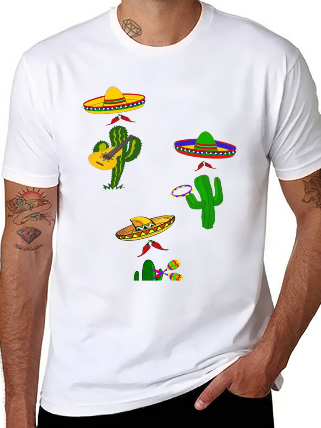 Festive Fiesta T-Shirt: Sombreros Cacti and Musical Fun