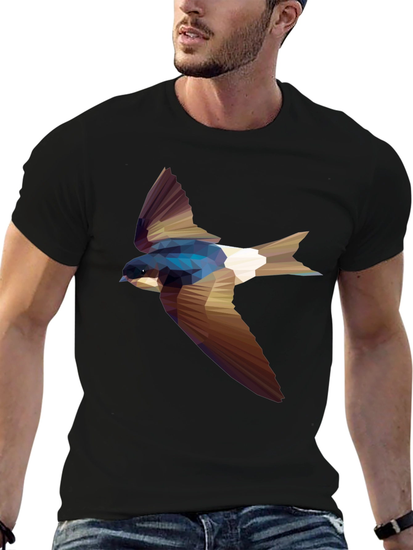 Geometric Swallow Print Black T-Shirt
