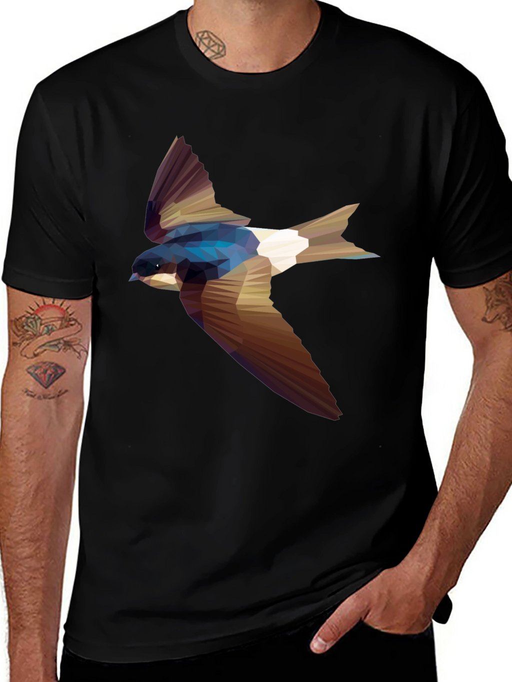 Geometric Swallow Print Black T-Shirt