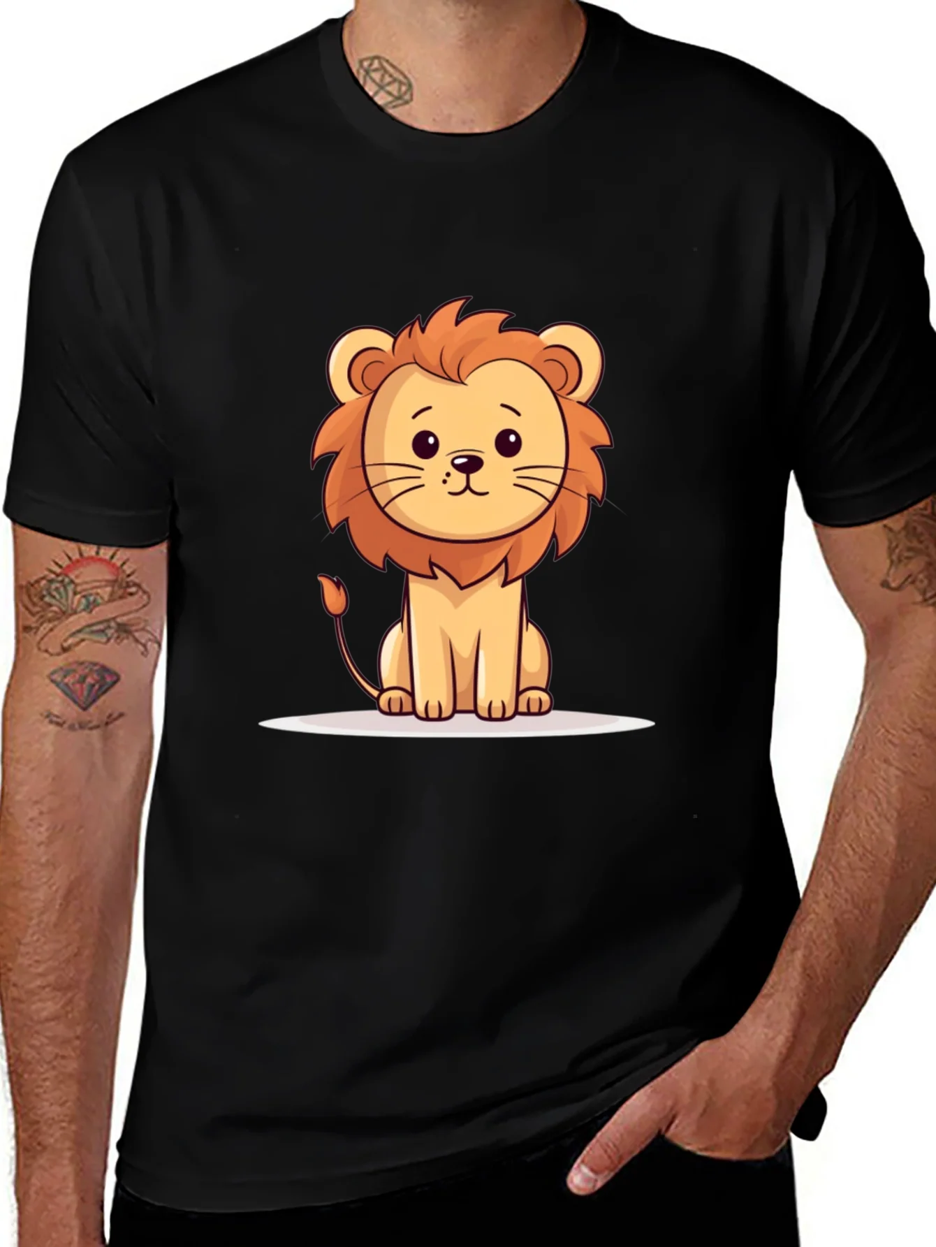 Cute Cartoon Lion Black T-Shirt