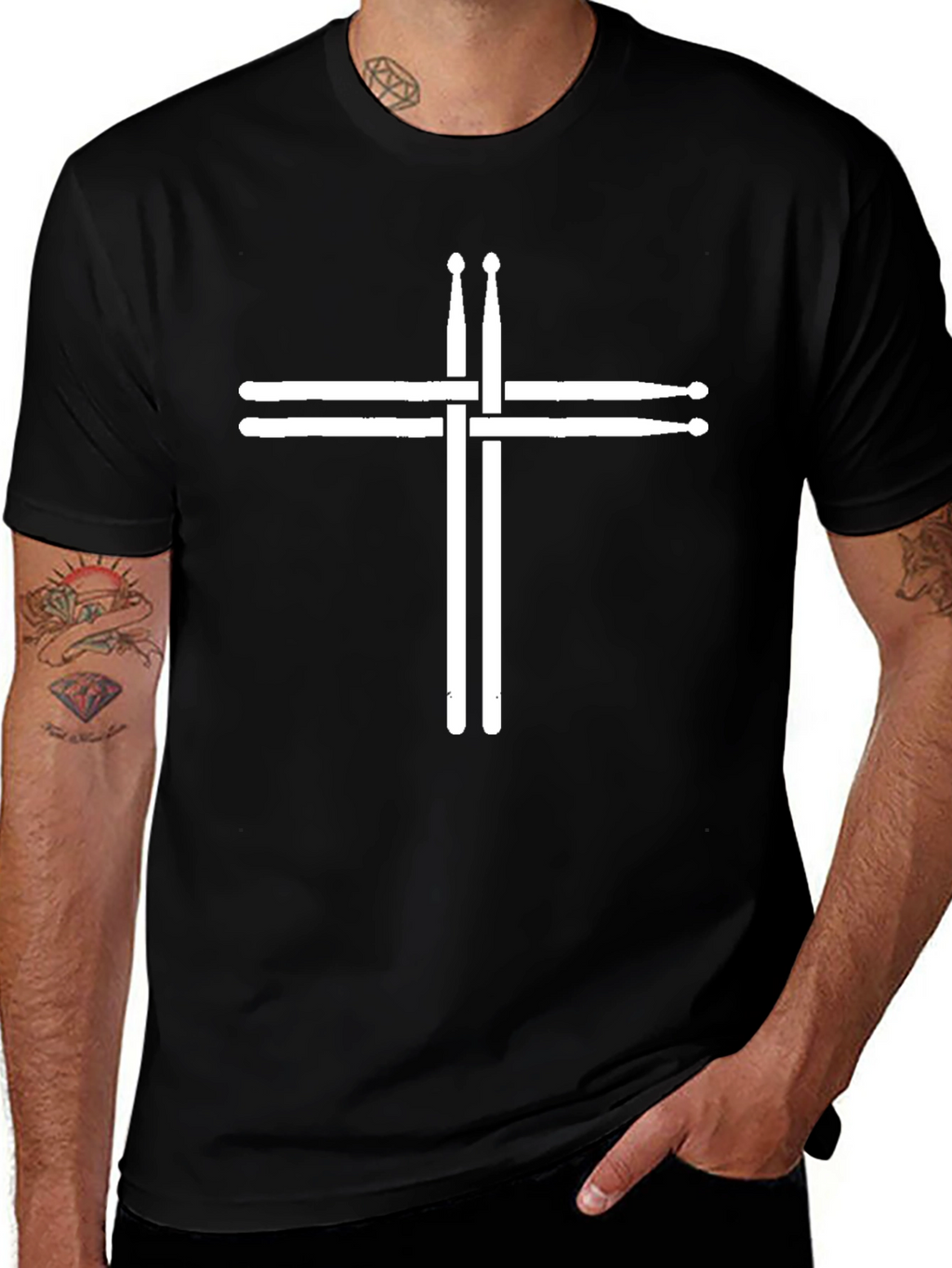 Drum Sticks Cross Graphic Tee - Black Cotton T-Shirt