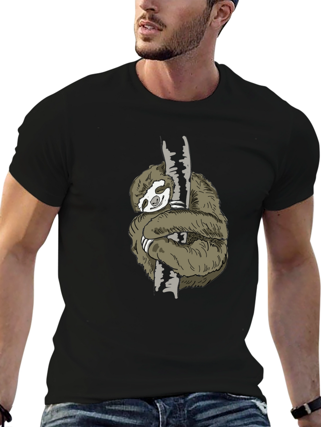 Mens Sloth Hugging Tree Graphic Tee - Black