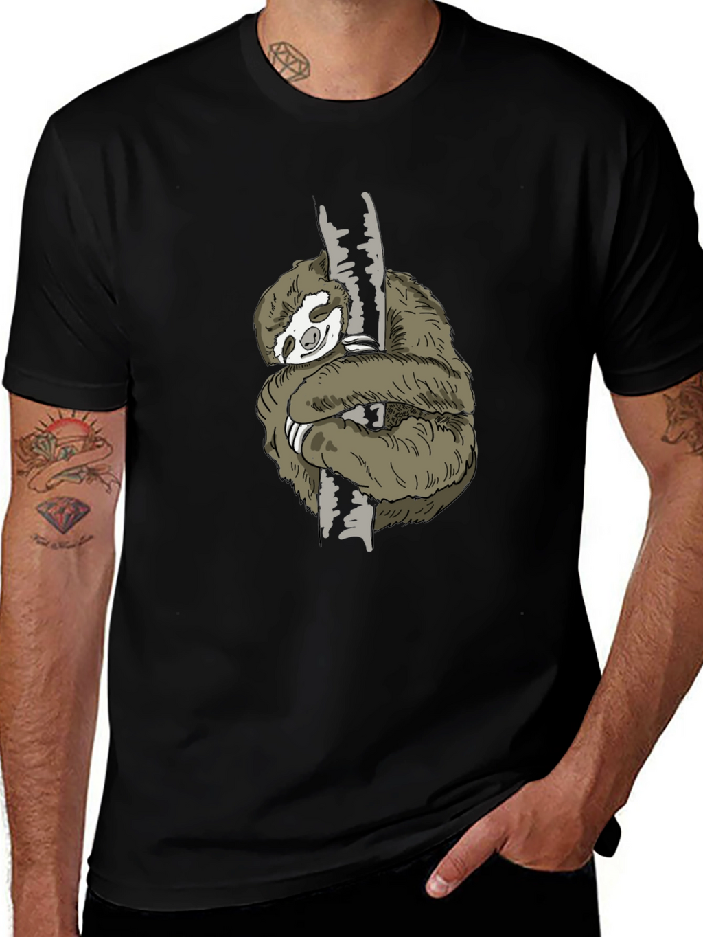 Mens Sloth Hugging Tree Graphic Tee - Black