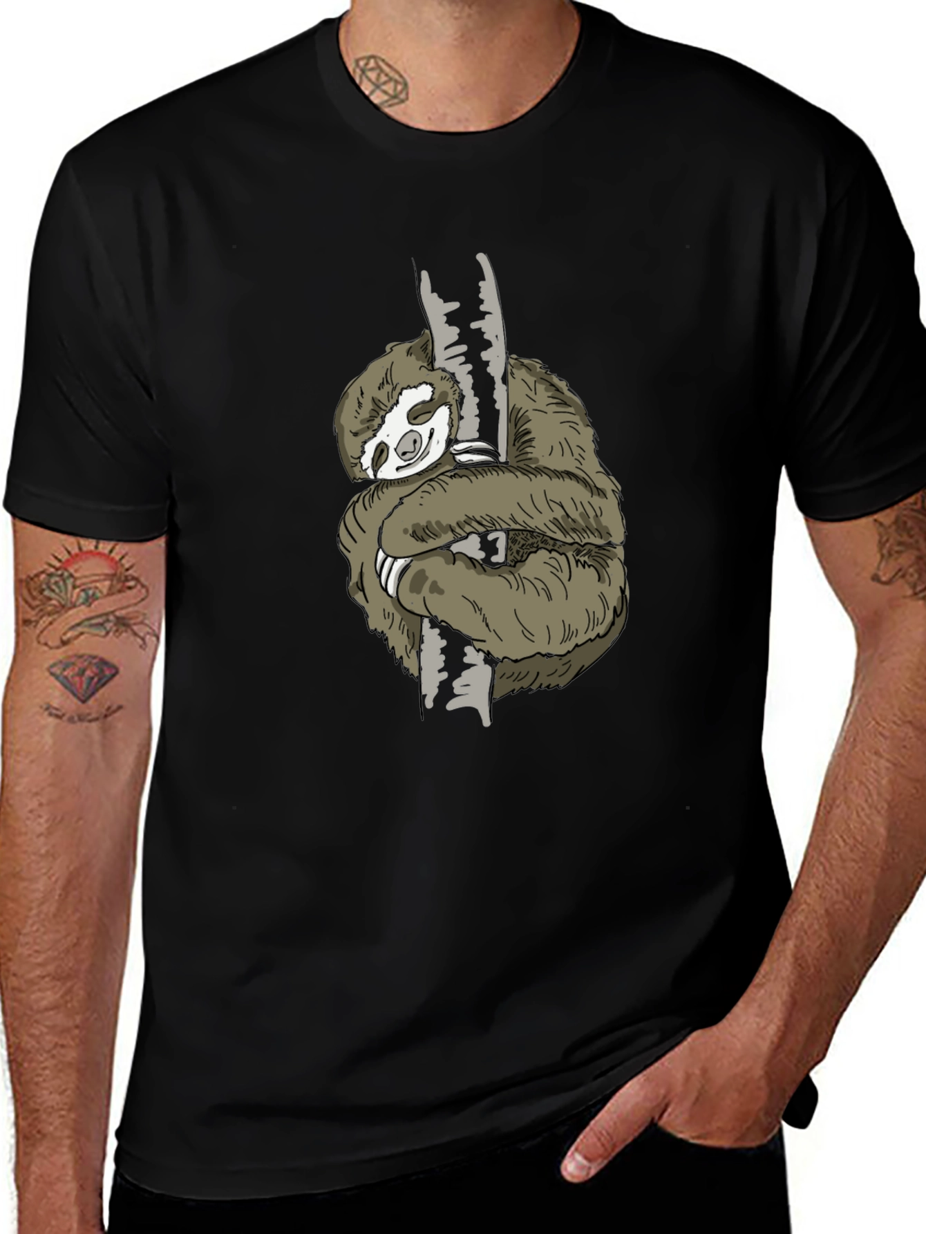 Mens Sloth Hugging Tree Graphic Tee - Black