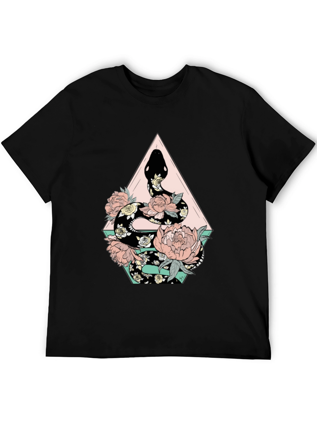 Floral Snake Graphic Tee - Stylish Black T-Shirt