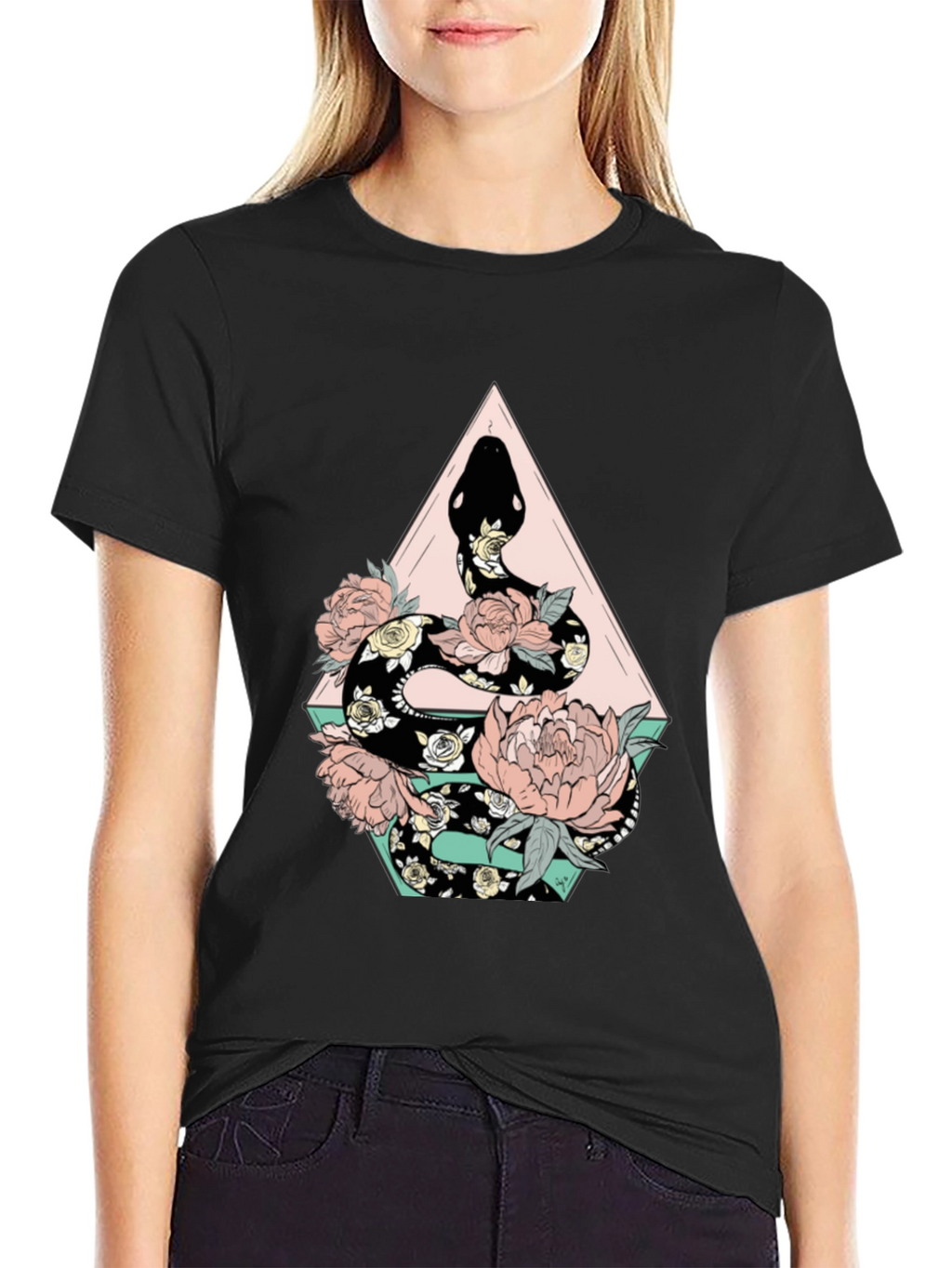 Floral Snake Graphic Tee - Stylish Black T-Shirt