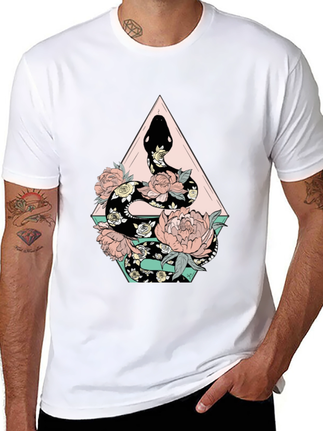 Floral Snake Graphic Tee - Stylish Black T-Shirt