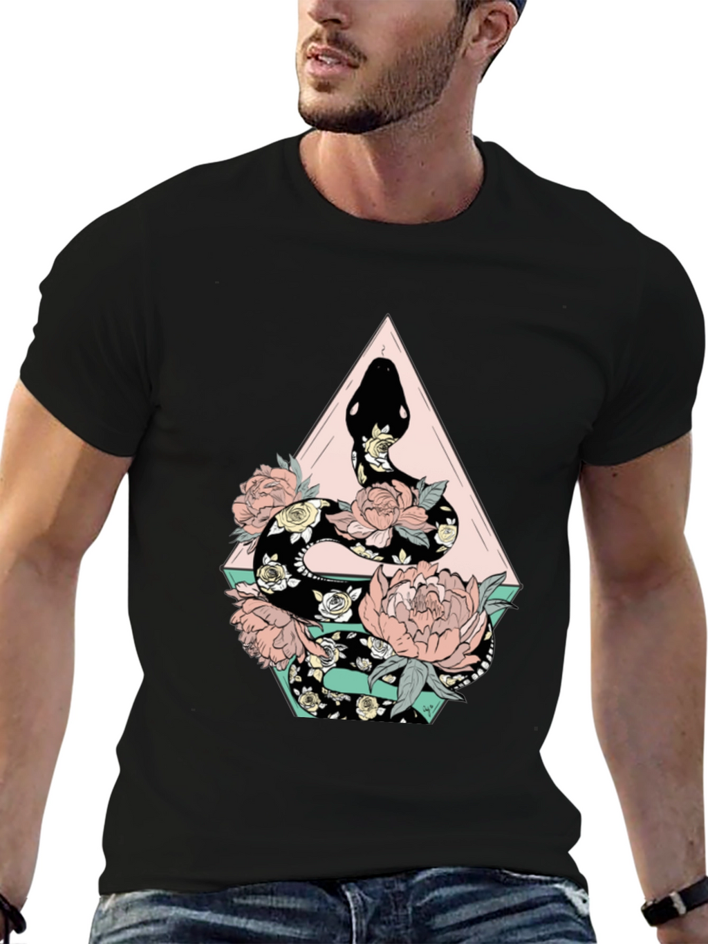 Floral Snake Graphic Tee - Stylish Black T-Shirt