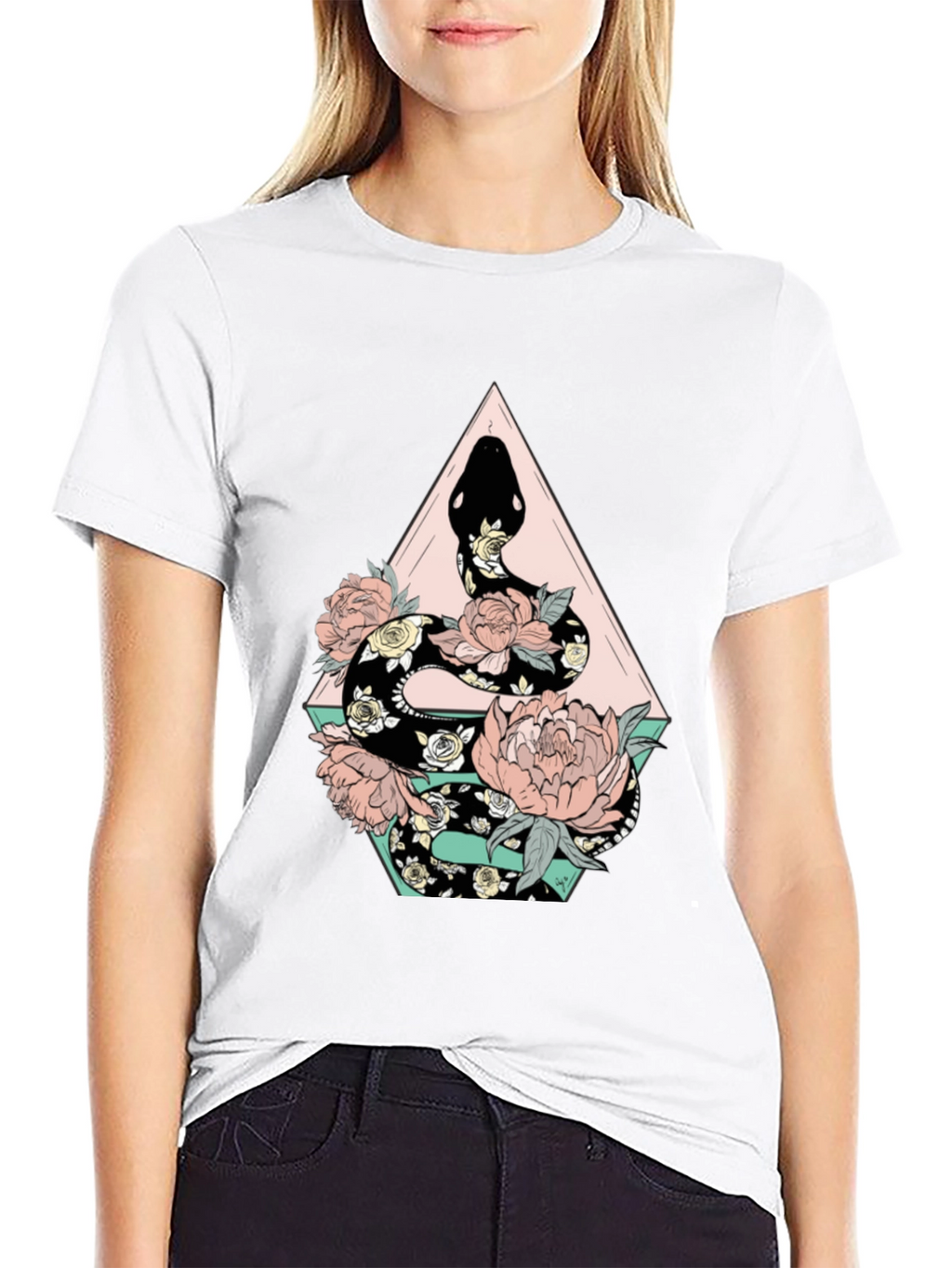 Floral Snake Graphic Tee - Stylish Black T-Shirt