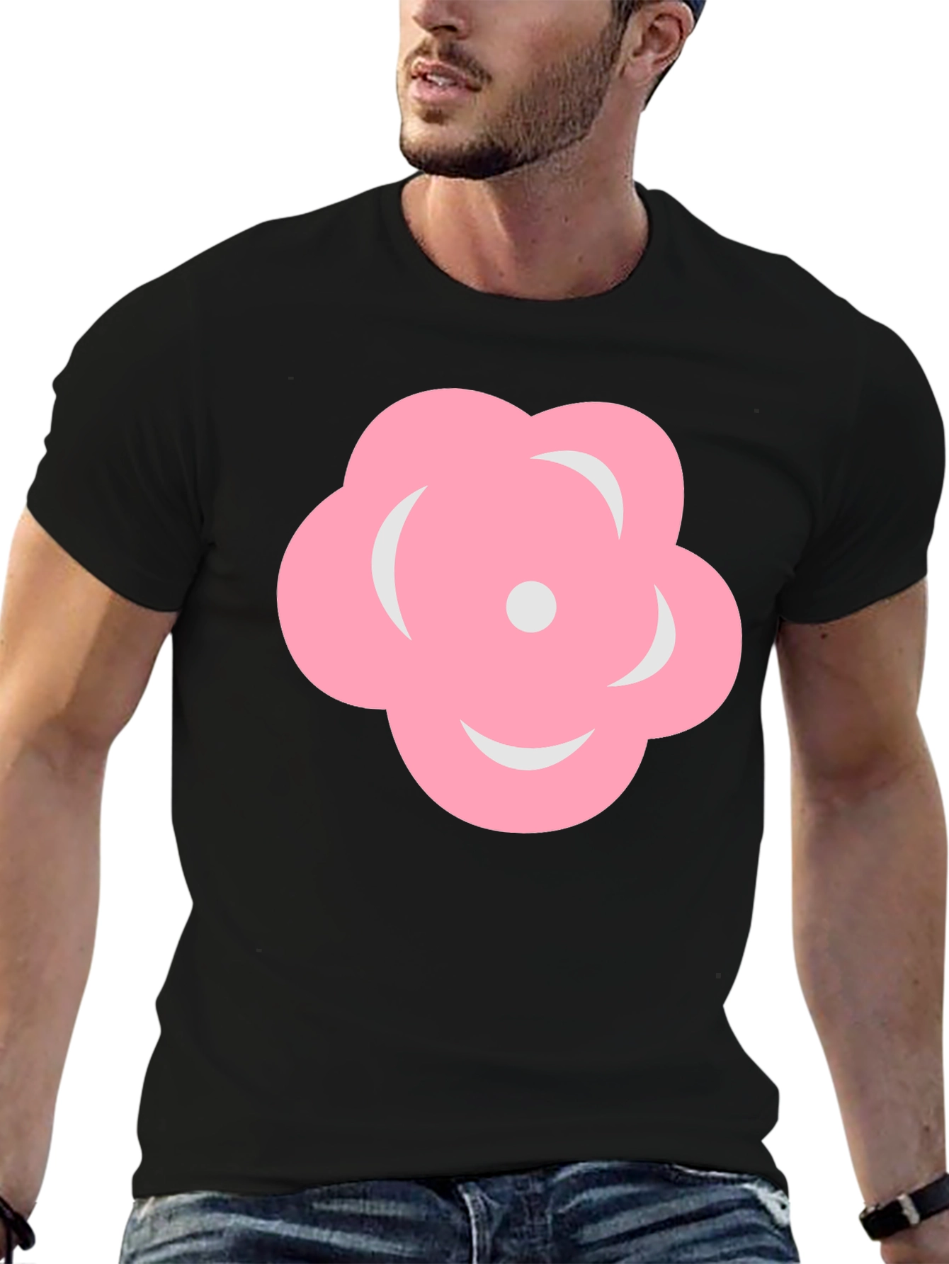 Pink Flower Graphic Black T-Shirt