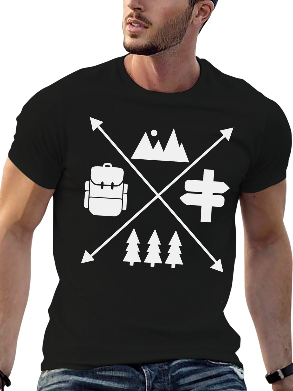 Adventure Awaits Black T-Shirt - Mountain Backpack Design
