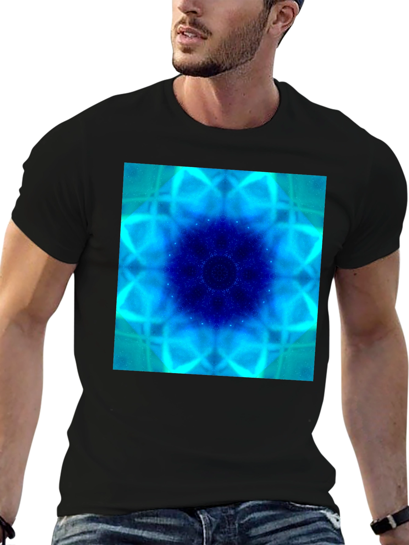 Blue Fractal Art Black T-Shirt