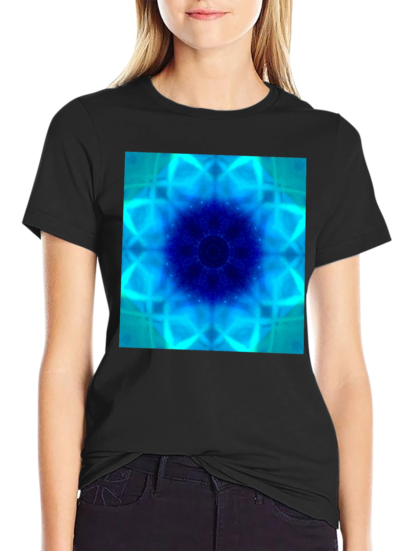 Blue Fractal Art Black T-Shirt