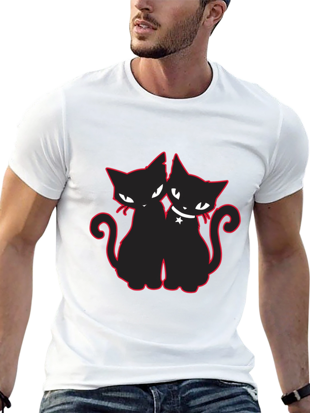 Two Cats T-Shirt Black with Red Outline