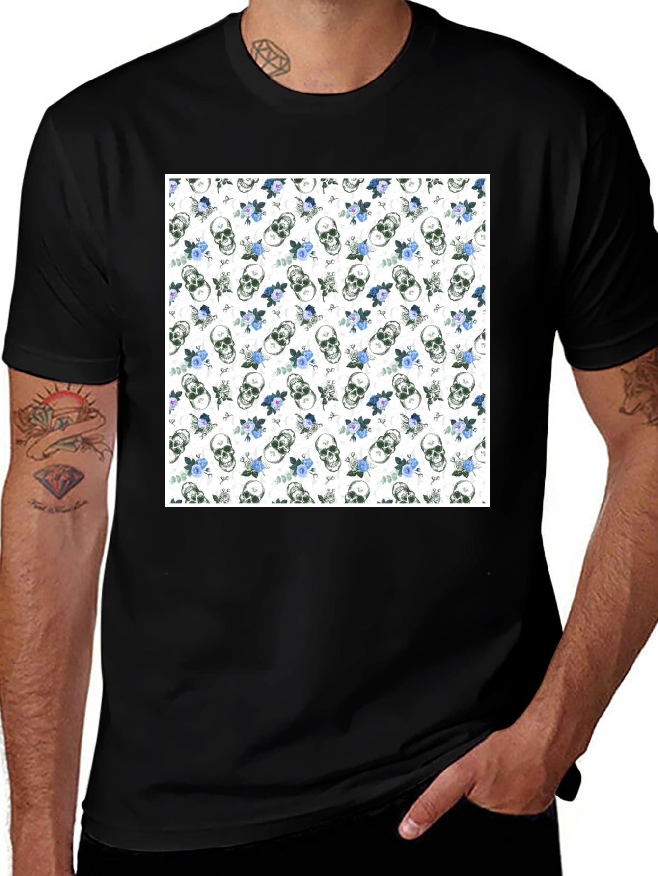 Skull & Roses Print Black Crew Neck T-Shirt