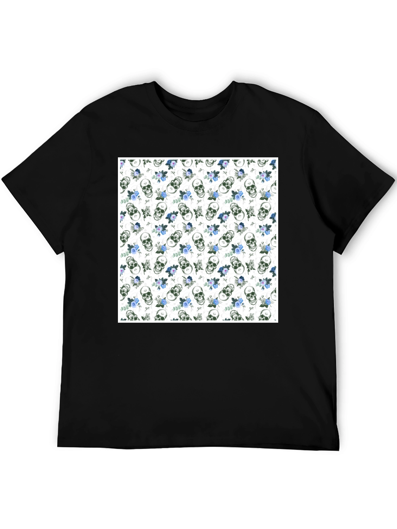 Skull & Roses Print Black Crew Neck T-Shirt