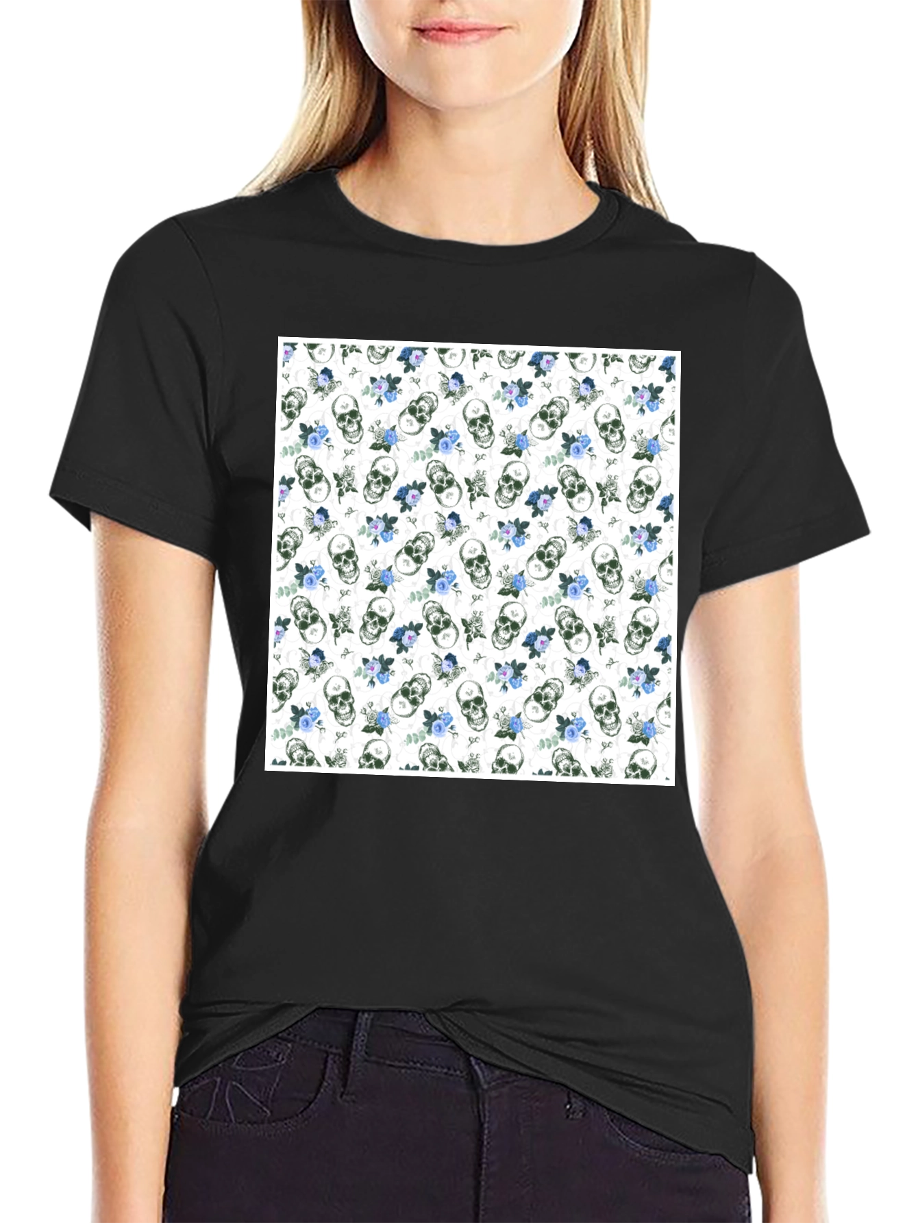 Skull & Roses Print Black Crew Neck T-Shirt