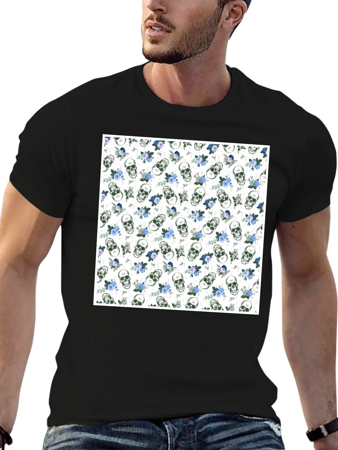 Skull & Roses Print Black Crew Neck T-Shirt