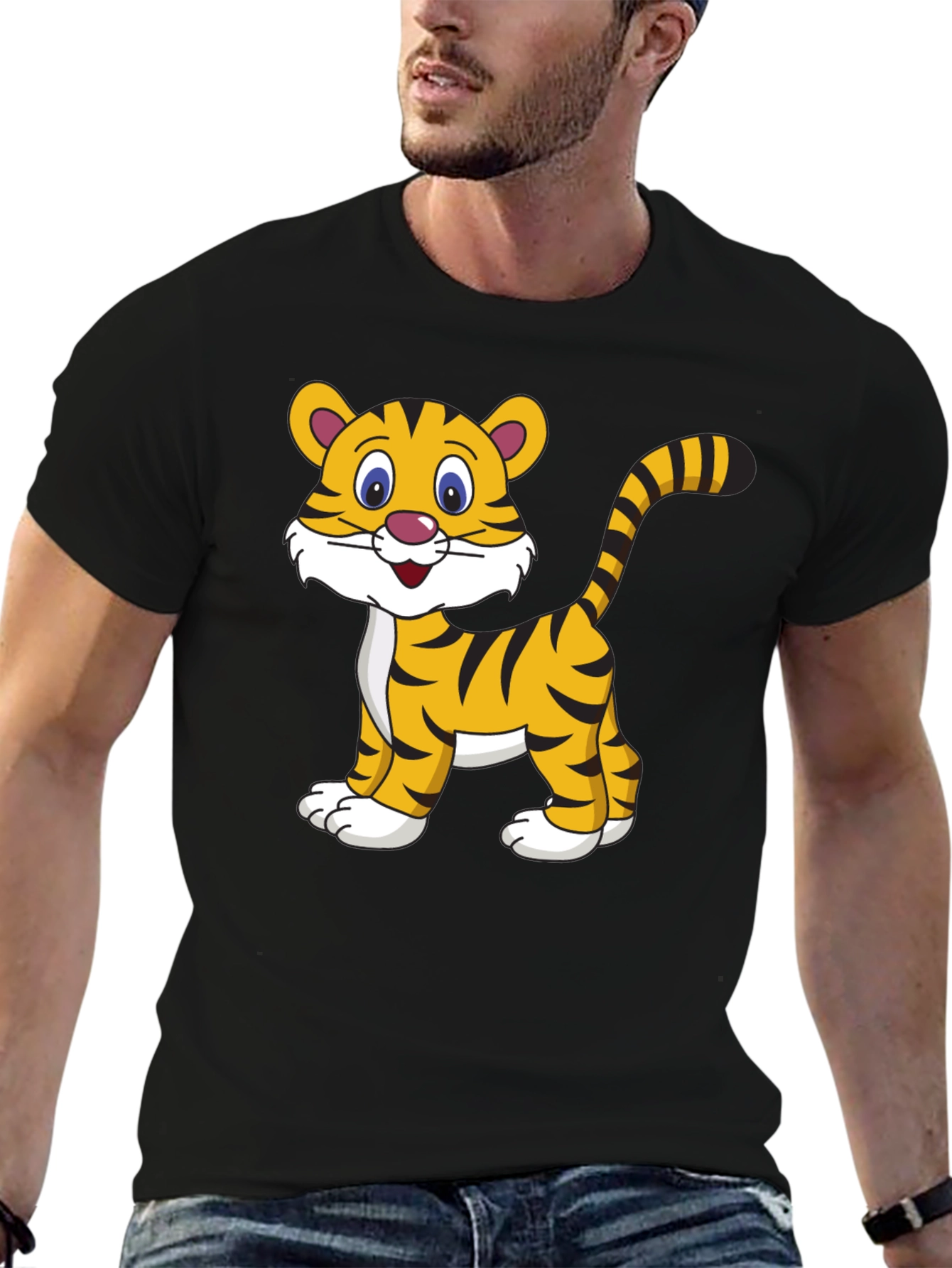 Cute Cartoon Tiger Graphic Tee - Black Cotton T-Shirt